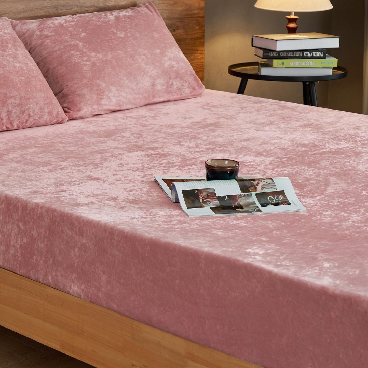 PHF Truly Velvet Fitted Sheet Only Full Size, Luxury Super Soft Cozy Fuzzy Flannel Bottom Sheet, Deep Pocket Up to 16",Strenghth Elastic Band, Suitable for Fall Winter Spring, No Pillowcases, Pink