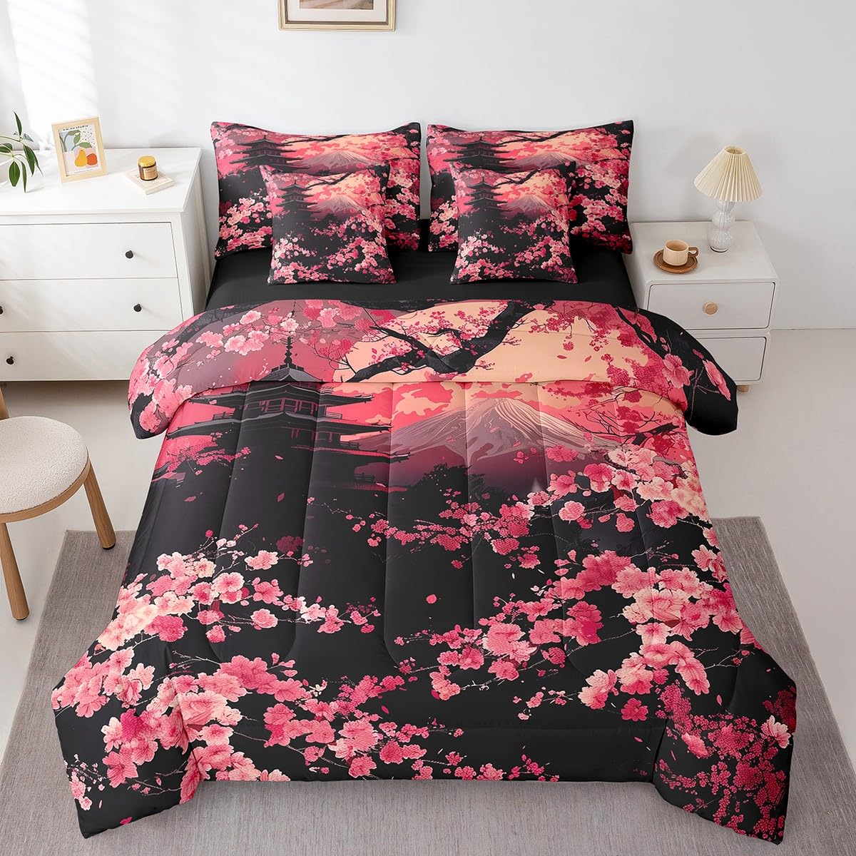 Erosebridal Pink Cherry Blossom Queen Comforter Set with Sheets,Oriental Japanese Style Bedding Set for Kids Adults,Mountain Scene Bed Set with Fitted+Flat Sheet,Pillowcases,Throw Pillow Covers
