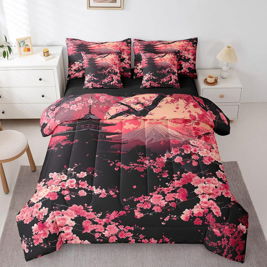 Erosebridal Pink Cherry Blossom Queen Comforter Set with Sheets,Oriental Japanese Style Bedding Set for Kids Adults,Mountain Scene Bed Set with Fitted+Flat Sheet,Pillowcases,Throw Pillow Covers