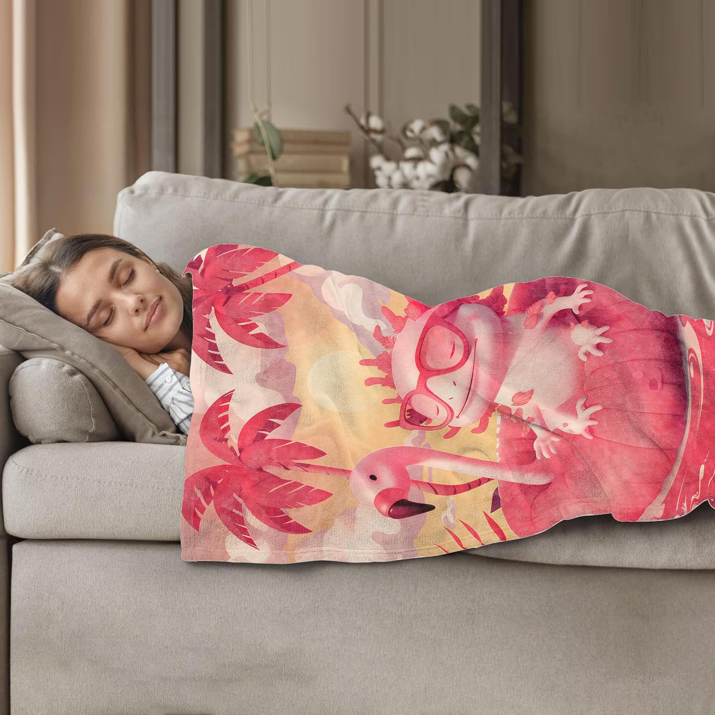Plistiz Flamingo Axolotl Throw Blanket 50x60 Inch, Fun Blankets for Kids Room Decor, Soft Flannel Polyester Gift for Children