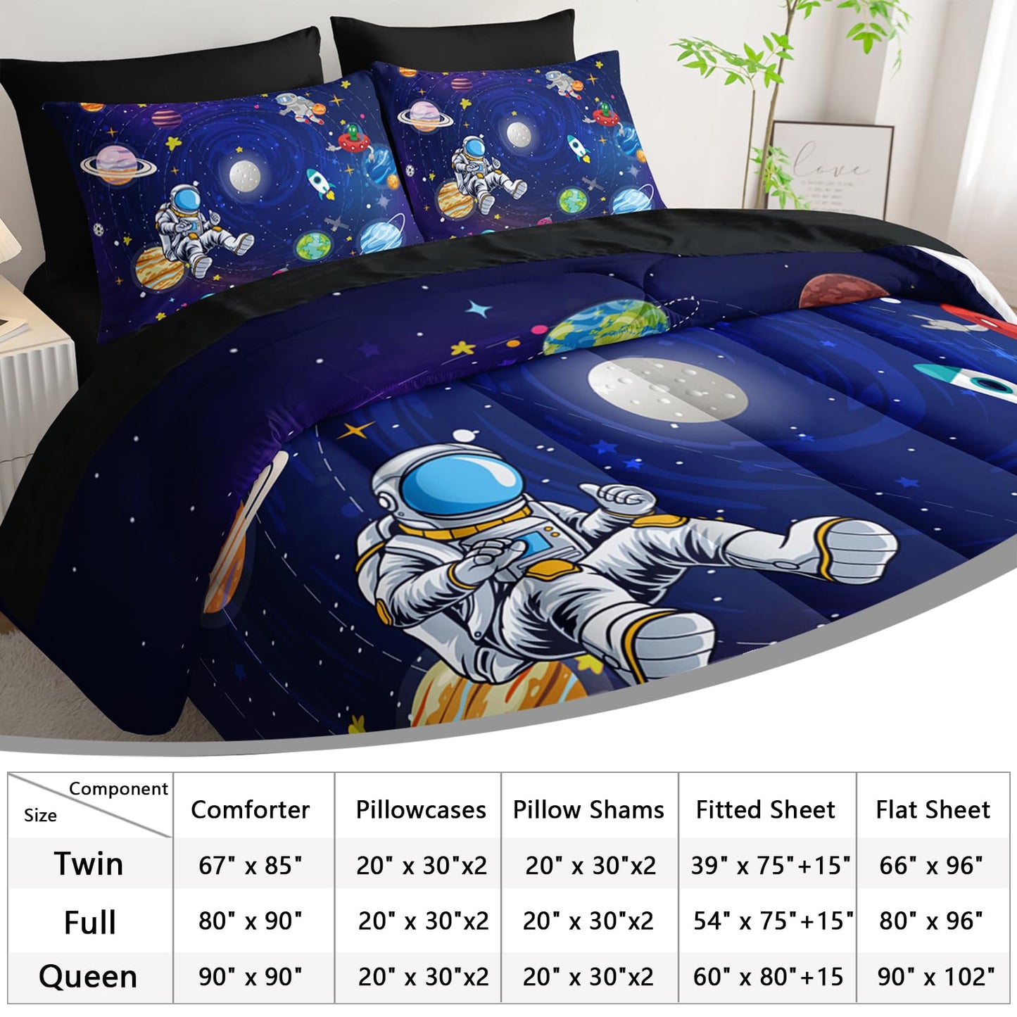 AILONEN Cute Astronaut Comforter Set Full Size,7-Piece Outer Space Planet Rocket Bed in a Bag,Comforter & Fitted Sheet with Flat Sheet & 2 Pillowcases,2 Pillow Cases for Bedroom,Soft Microfiber