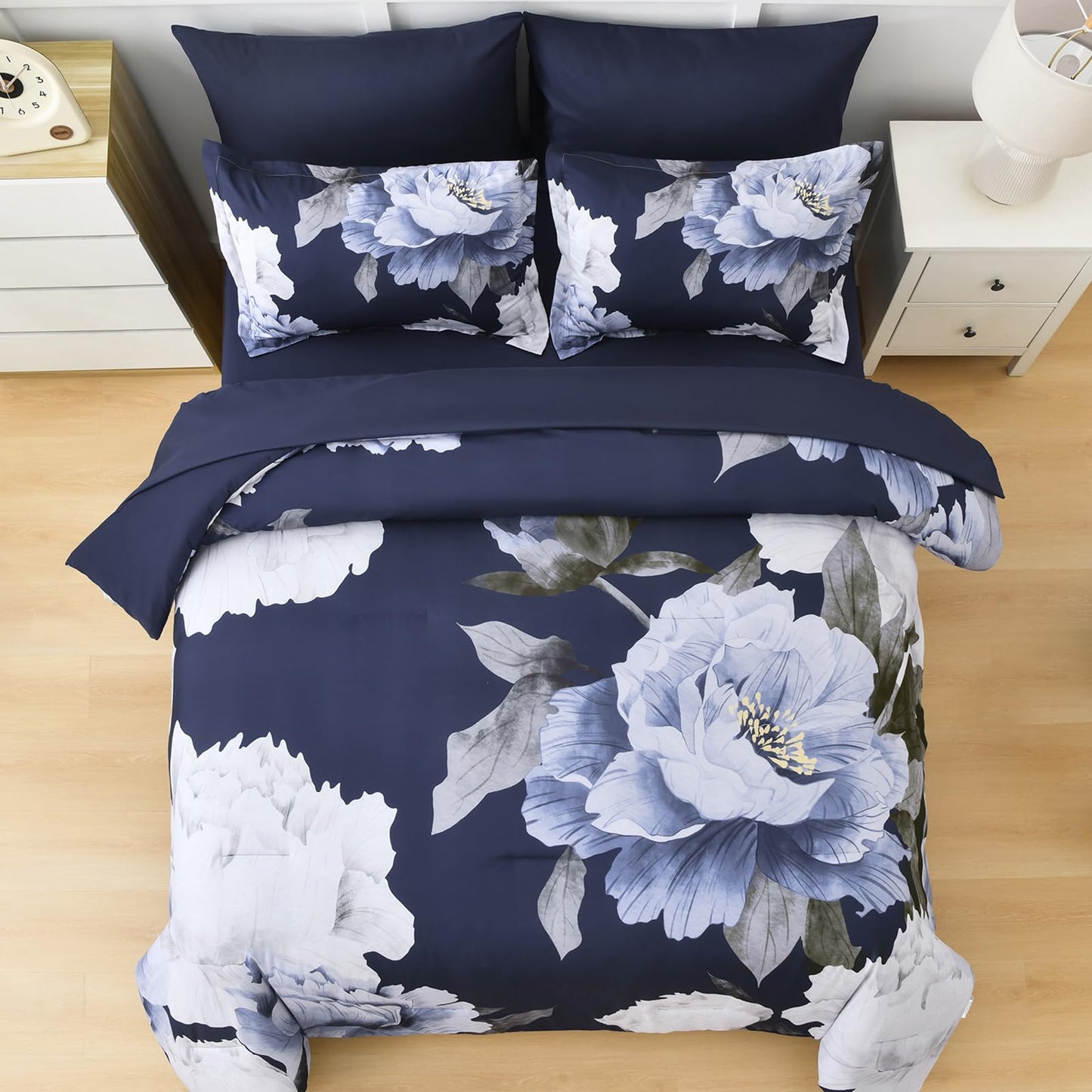 Dobuyly Navy Blue Comforter Set Queen Size 7 Piece Bed in a Bag, Floral Comforter Set with Sheets, Soft Microfiber Botanical Flowers Complete Bedding Set for All Season