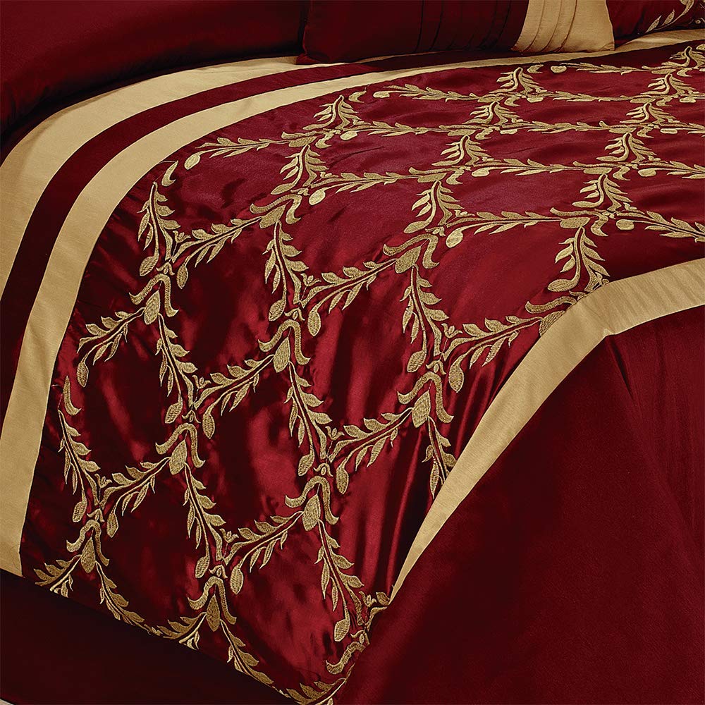 HIG 7 Piece Bed in A Bag Comforter Set King - Burgundy and Gold Faux Silk Fabric Embroidered - Breathable and Wrinkle Resistant - 1 Comforter, 2 Shams, 3 Decorative Pillows, 1 Bedskirt