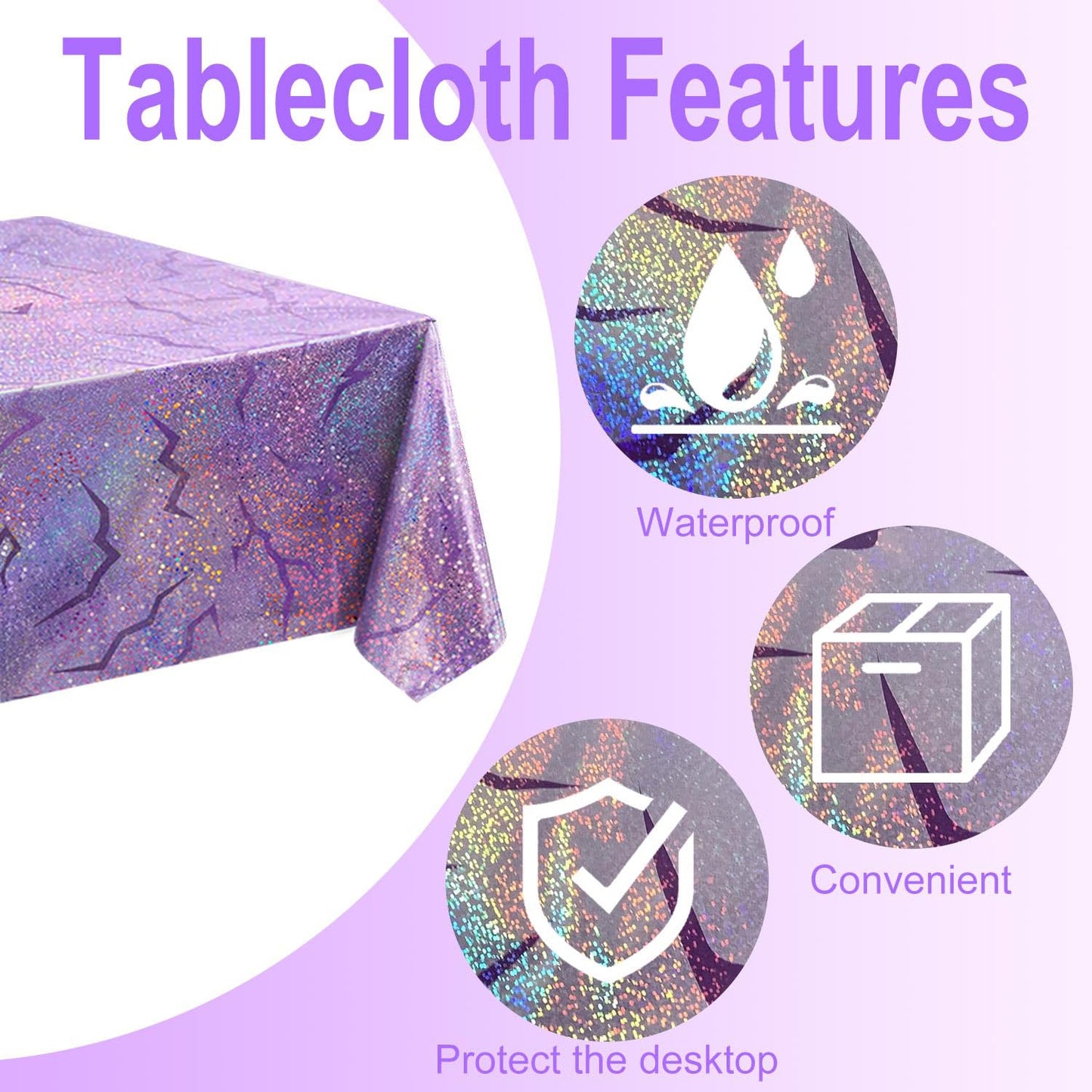 LHFYACI K-Style Birthday Decorations, Holographic Laser Tablecloth, 3 Pack Purple Shiny Lightning Disposable Table Covers for Birthday, Bridal Shower, Bachelorette, Disco Party, 54x108 Inch