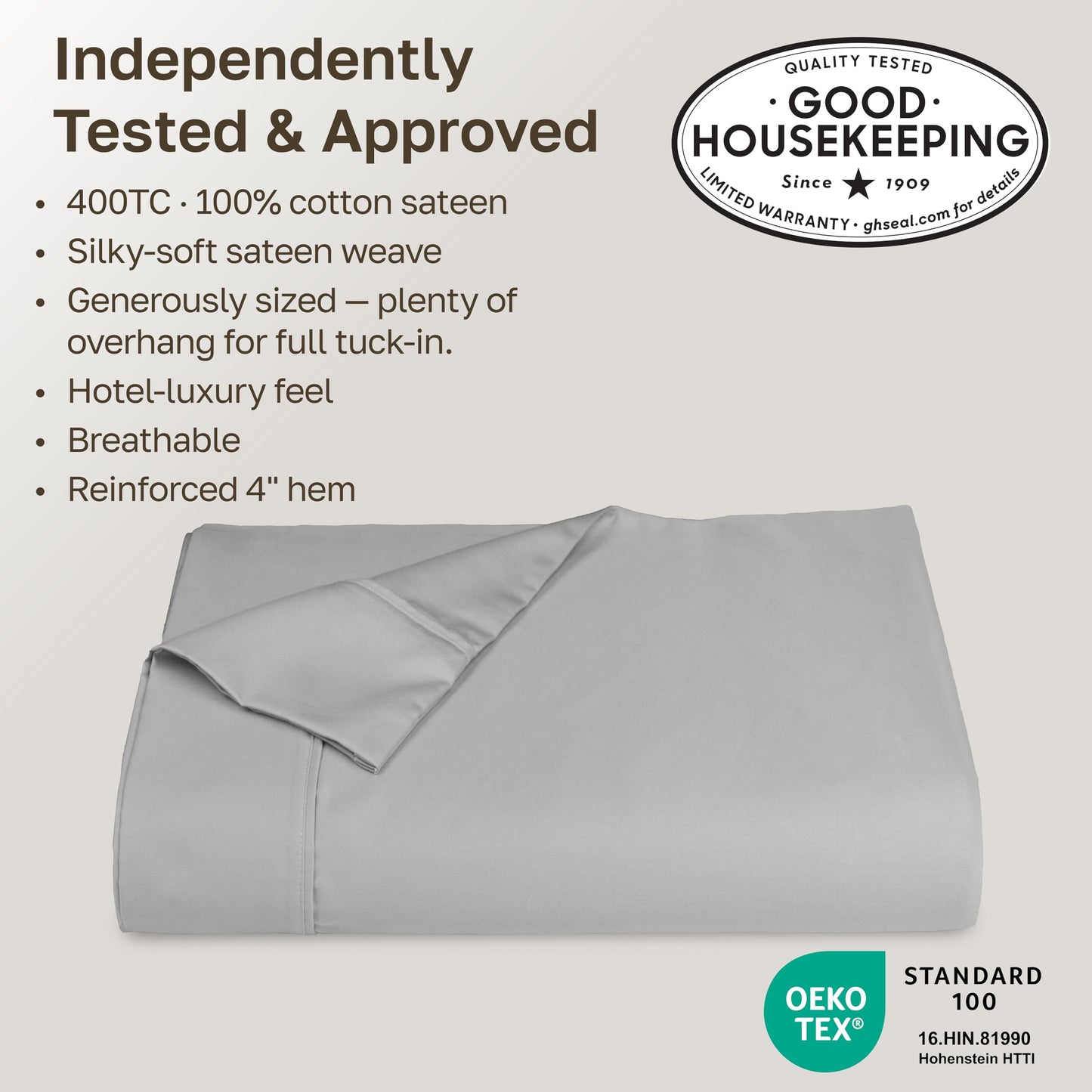 California Design Den King Size Flat Sheet, 400 Thread Count 100% Cotton Sateen Flat Bed Sheets Only - Light Grey