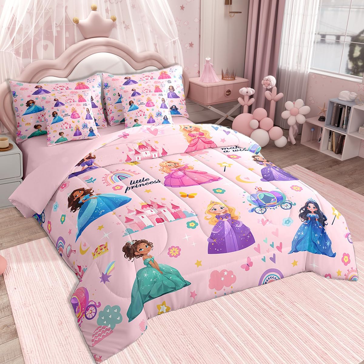 jejeloiu Kids 7 Piece Princess Bedding Set Queen Size Pink Castle Bed Set Includes Comforter, Sheet Set, Pillowcases & Pillow Covers Bedroom Decor Fairy Dreamy Bed in a Bag Breathable Soft