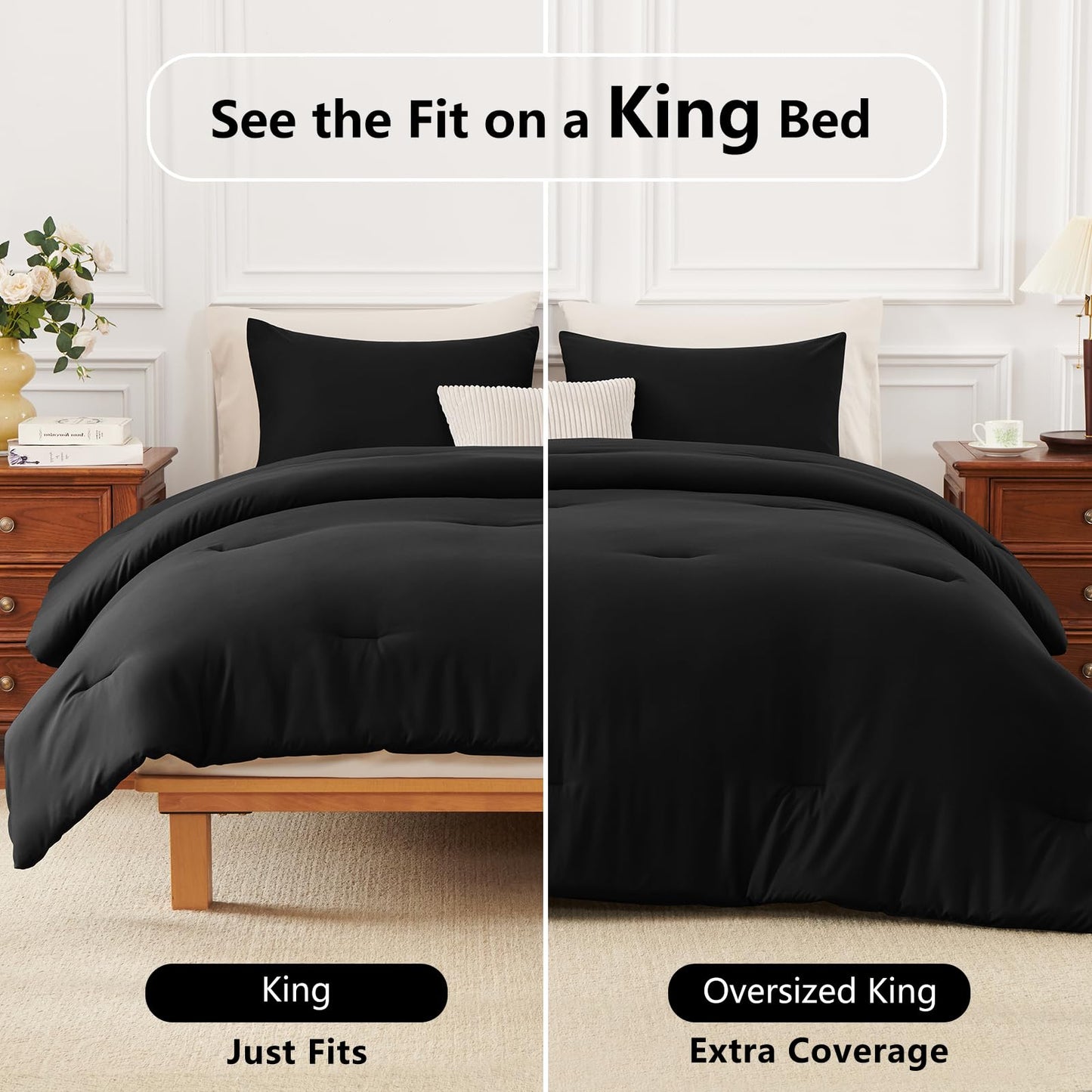 HIMEET King Comforter Set 3 Piece, 270GSM Down Alternative Fill, Oeko-TEX Certified, Quilted with 8 Corner Ties, All Season Bedroom Decor Bedding, 1 Comforter (104"x90") with 2 Pillowcases, Black