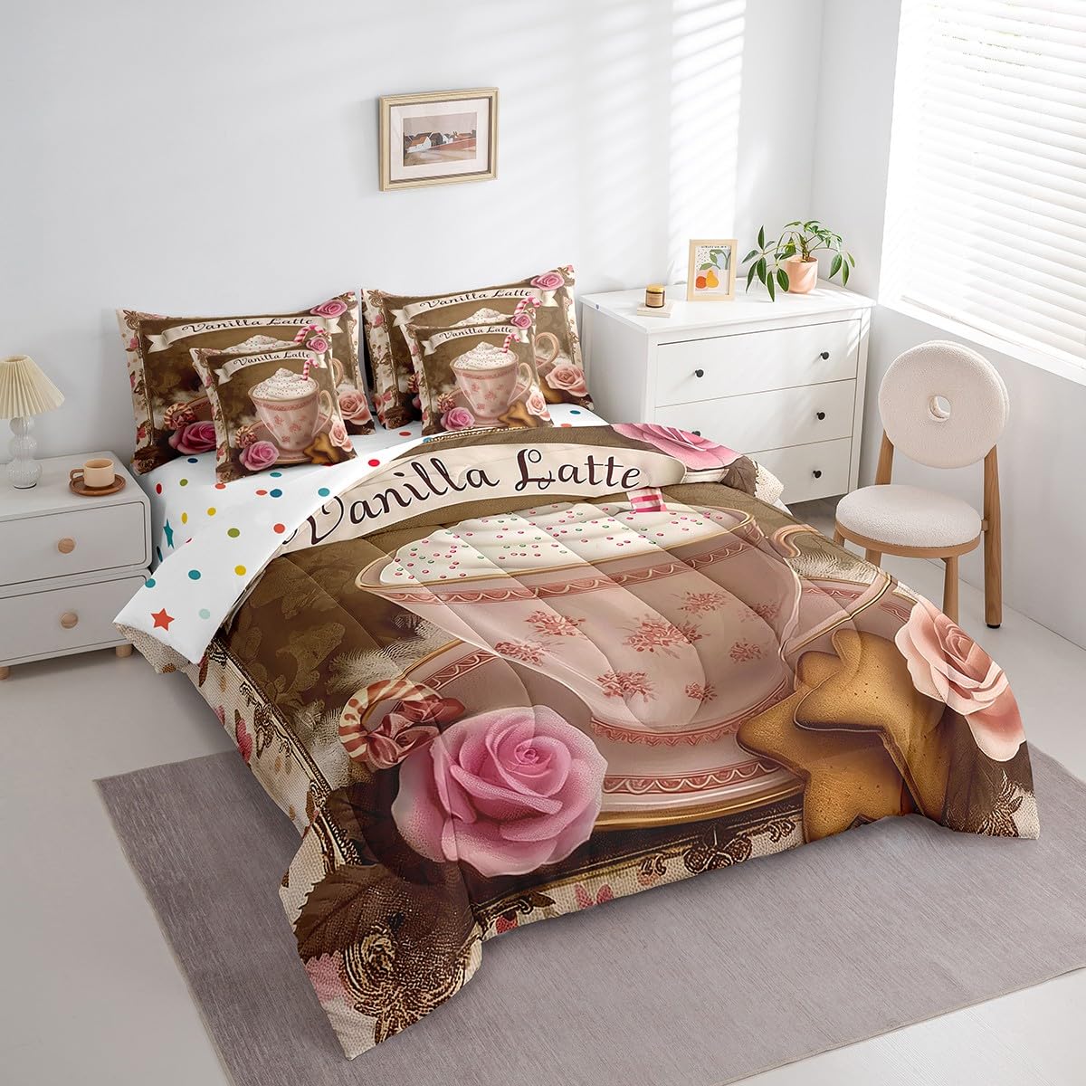 Erosebridal Vanilla Lattle Comforter Set Full Size,Romantic Rose Bedding Set for Kids Teens,Fragrant Coffee (Comforter+Fitted+Flat Sheet+2 Pillowcases+2 Throw Pillow Covers) 7 Pieces Bed Set