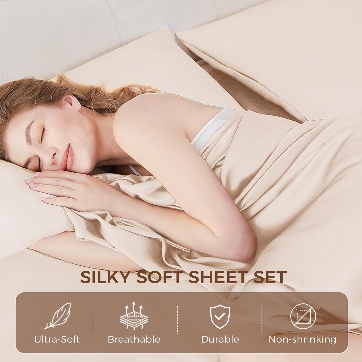 Tokokimo Hotel Collection Full Sheet Set - 4-Piece Ultra-Soft Microfiber, Extra Deep Pocket, Full Size Fitted Sheet with Double Side Pockets, Cooling & Breathable, Wrinkle & Fade Resistant, Beige