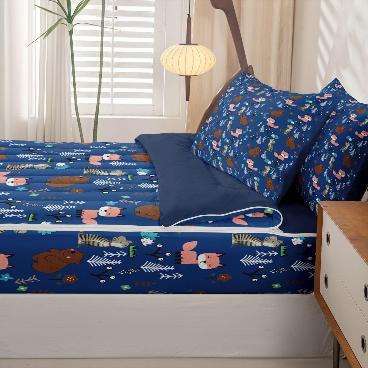Erosebridal Boys Blue Bear Kids Zipper Bedding Set Twin Cartoon Animal Zip Up Comforter Set with Sheets for Child Nursery Fox and Cat Wild Animals Bed in a Bag Woodland Animals Wildlife Bed Sets
