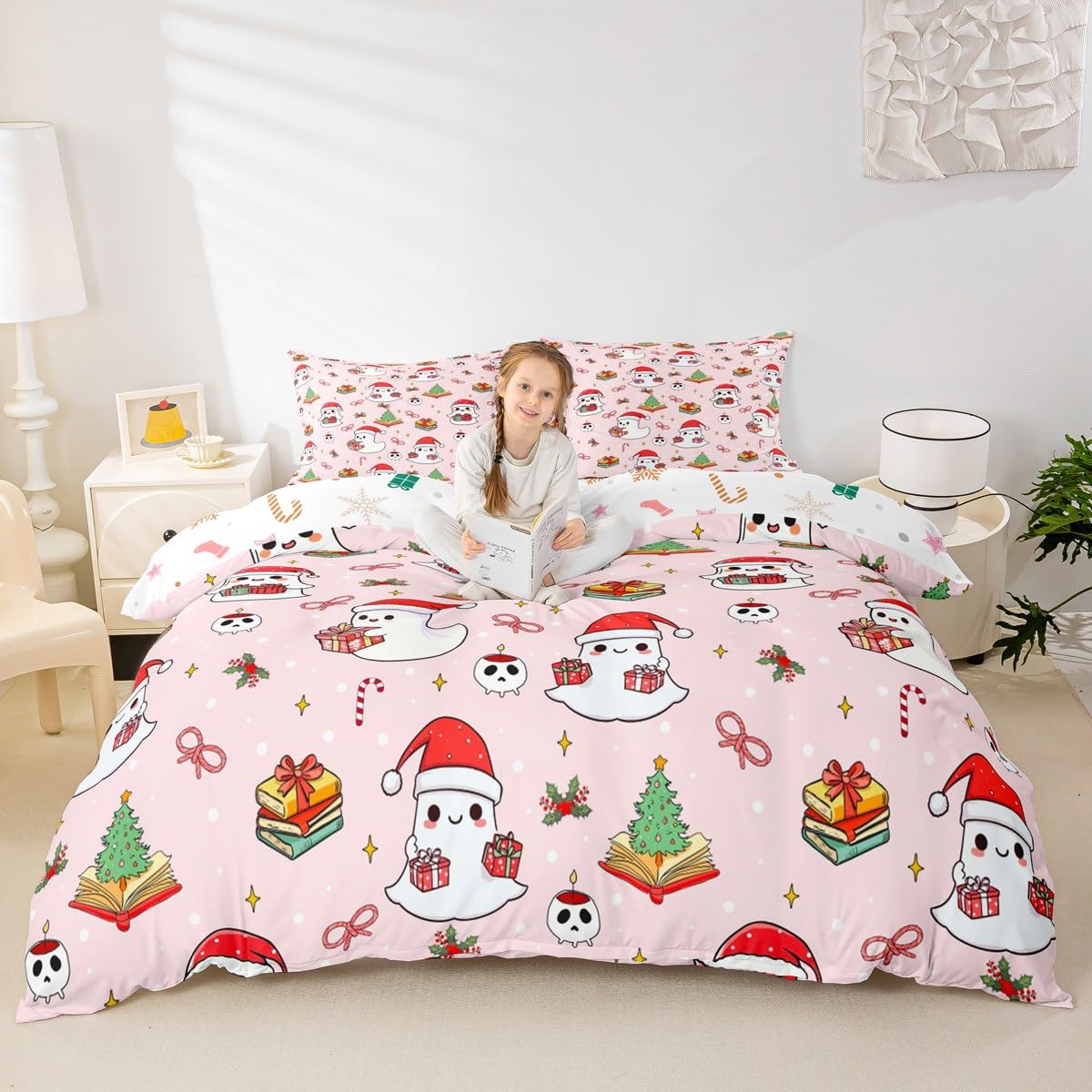 Christmas Ghost Duvet Cover Set Twin Size,Christmas Tree Bedding Sets 2Pcs for Kids Girls Boys Adult Room Decor,Red Xmas Candy Comforter Cover Cartoon Pink Quilt Cover,1 Pillowcase