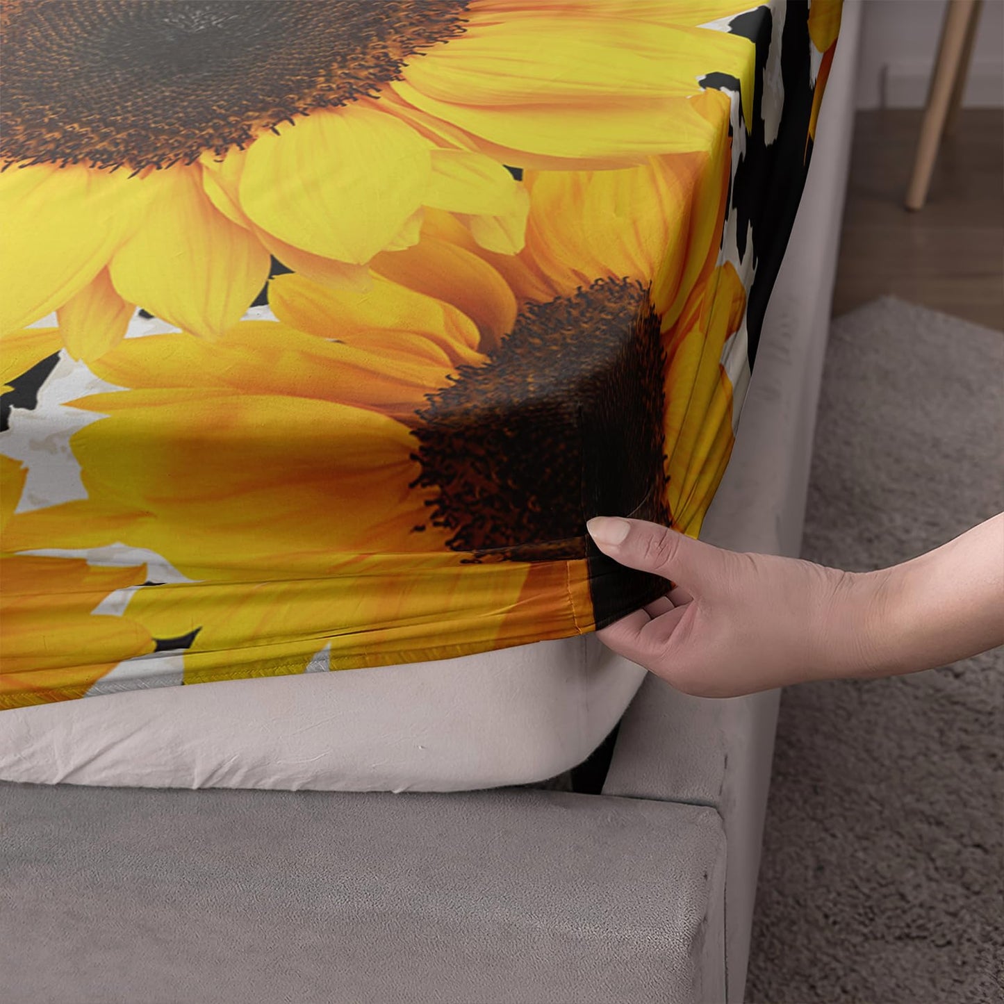 QOOMO Sunflower Sheets Queen Size Cow Print Bedding for Boys and Girls Animal Super Soft Kids Bedding Set Breathable Room Decoration 1 Fitted Sheet, 1 Flat Sheet, 2 Pillow Cases