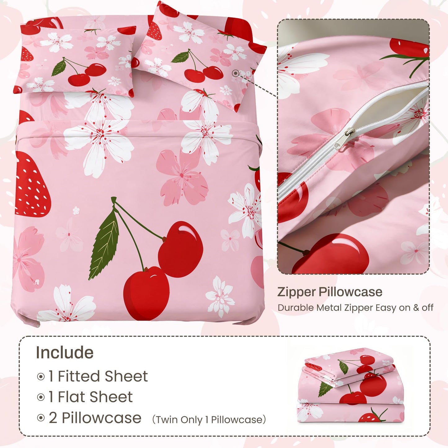 Cherry Blossom Sheet Set, 4 Pcs Full Size Girls Pink Bed Sheets