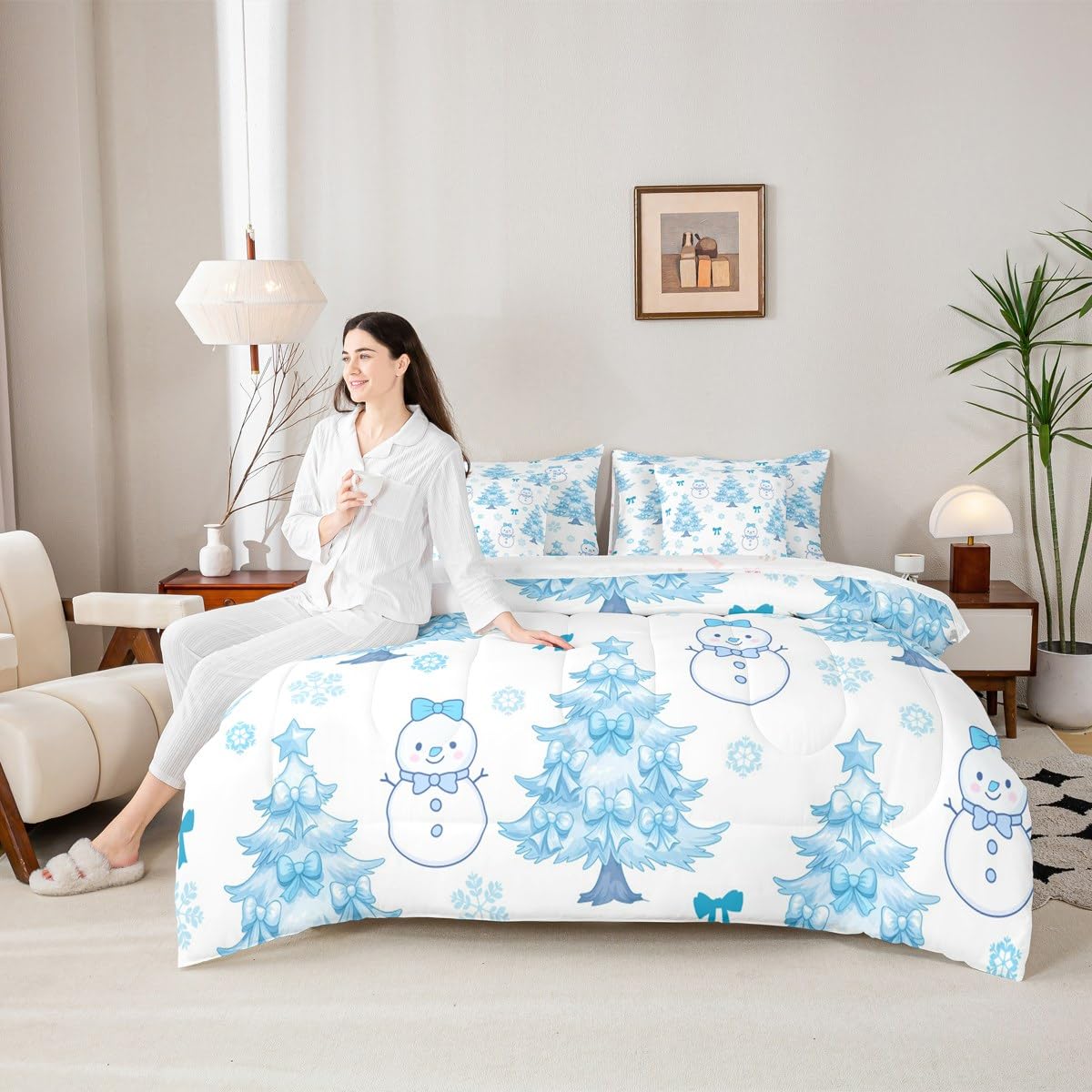 Feelyou Merry Christmas Twin Comforter Set with Sheets for Kids Boys Girls Cute Snowman 7 Pieces Bedding Set Cartoon Bowknot Bed in a Bag Christmas Tree Room Decor Soft