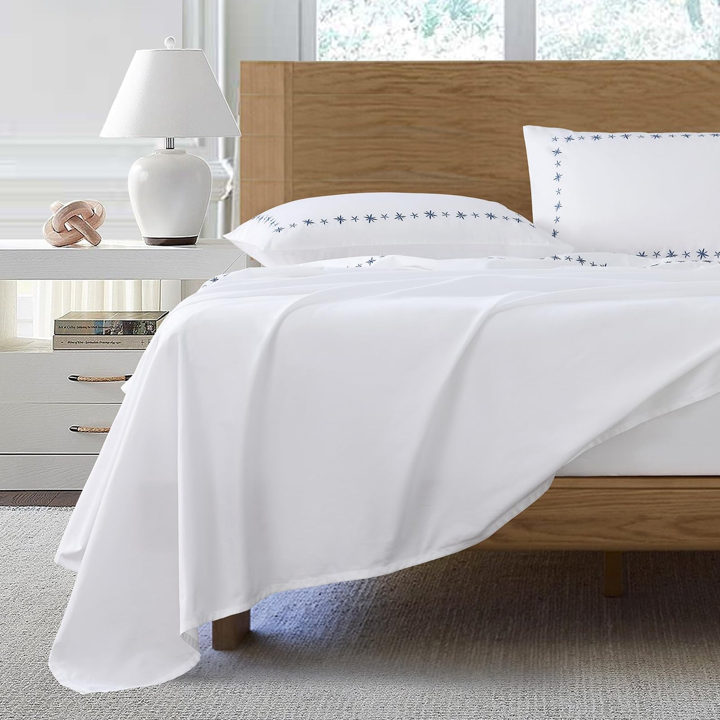 PANDATEX Luxurious 100% Cotton White Embroidered Sheets - 80s Ultra Soft Yarn, High End Hotel Quality Sateen Bedding for King Size Bed with 16'' Deep Pocket, Blue Daisy Design