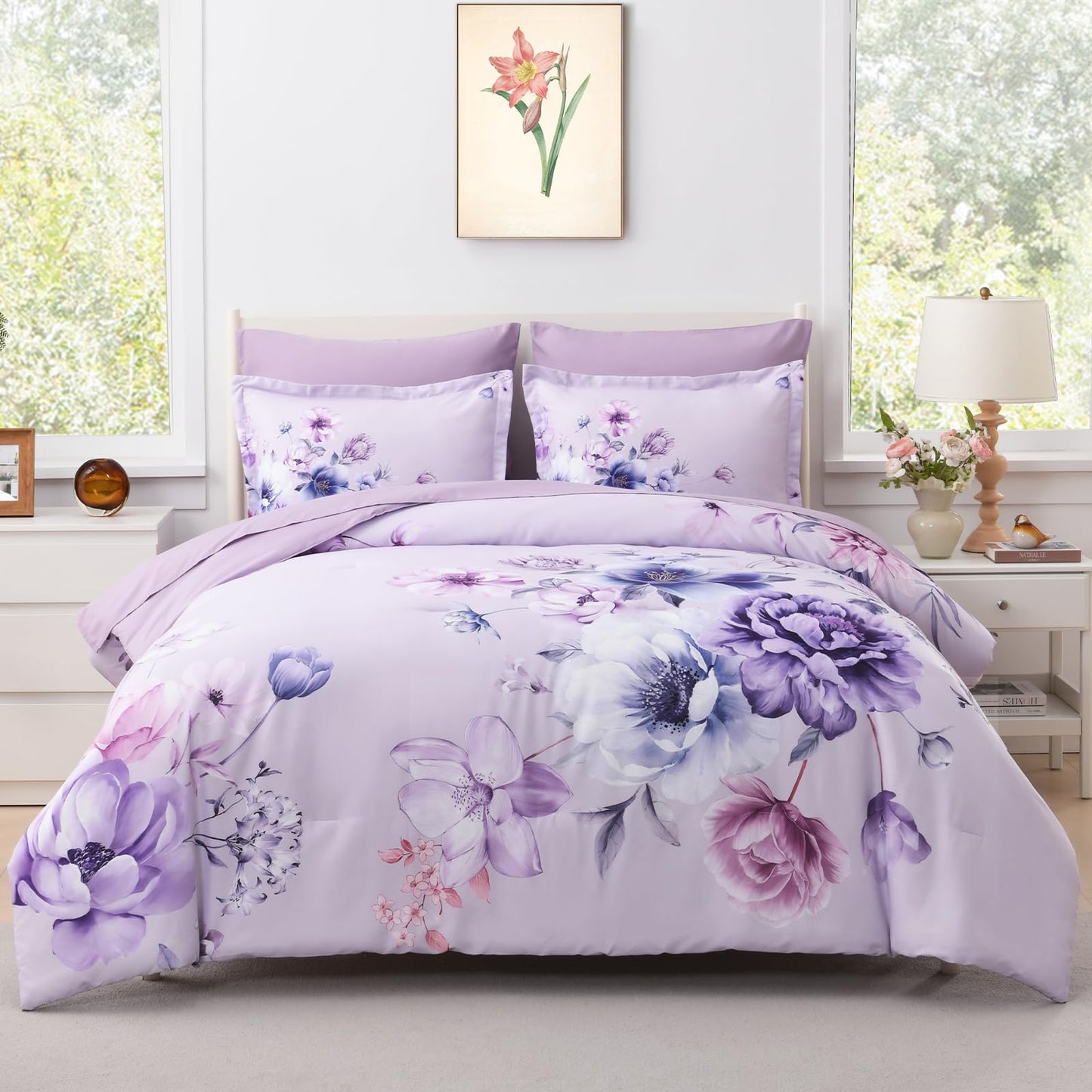 Floral Comforters Queen Size 7 Pieces Botanical Purple Flower Bed in a Bag Ulter Soft Microfiber Bedding Set, Lightweight Bed Comforter Set with Sheets for All Season (Purple, Queen)