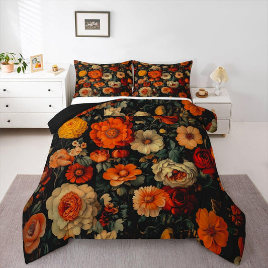Rustic Floral Comforter Set Boho Shabby Flower Full Size Bedding Sets for Teenage Boys | Spring Vintage Countryside Comforter Romantic Botanical Garden Bed Set, Kawaii Room Decor Aesthetic
