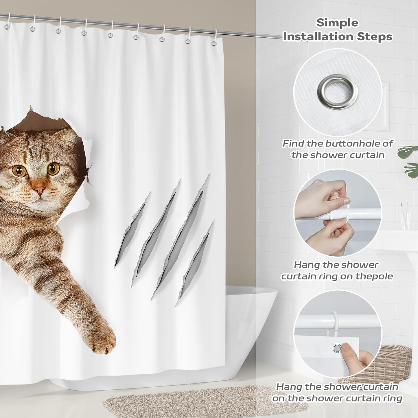 Hopomoon Funny Cat Shower Curtains 72 x 72 inch,Bathing Cat Waterproof Polyester Fabric Bathroom Curtain with 12 Hooks