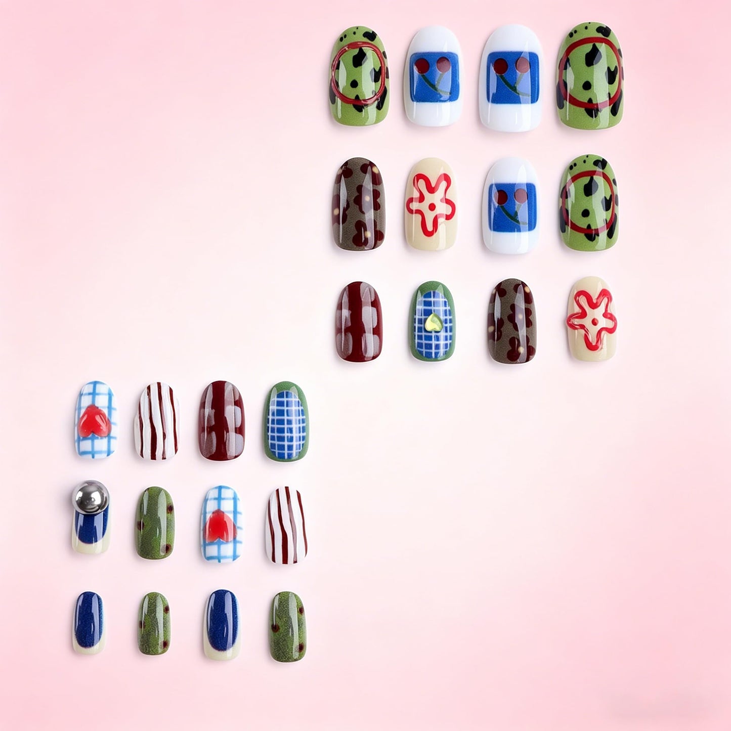24Pcs Cute Press on Nails Short Oval Fake Nails Y2K Style 3D Mixed Pattern Colors False Nails with Design Glossy Acrylic Nails Reusable Full Cover Stick on Nails for Women Daily Manicure Wear