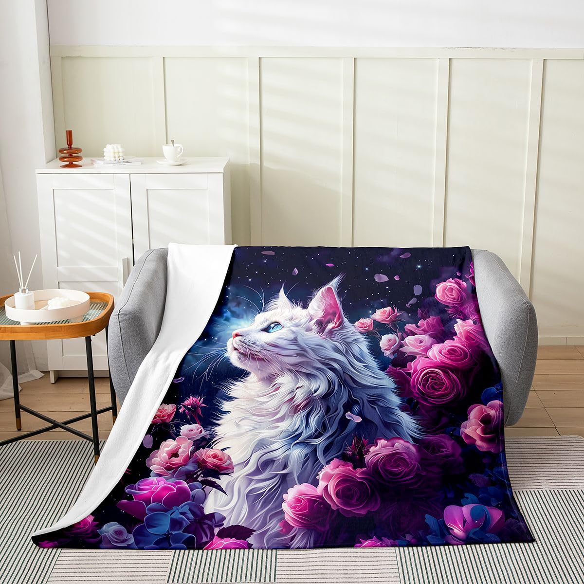 Feelyou Cat Plush Throw Blanket Halloween Themed Flannel Blanket 40"x50" Trick or Treat All Season Cute Kitten for Couch Bed Sofa Scaredy Cat Bedroom Decor