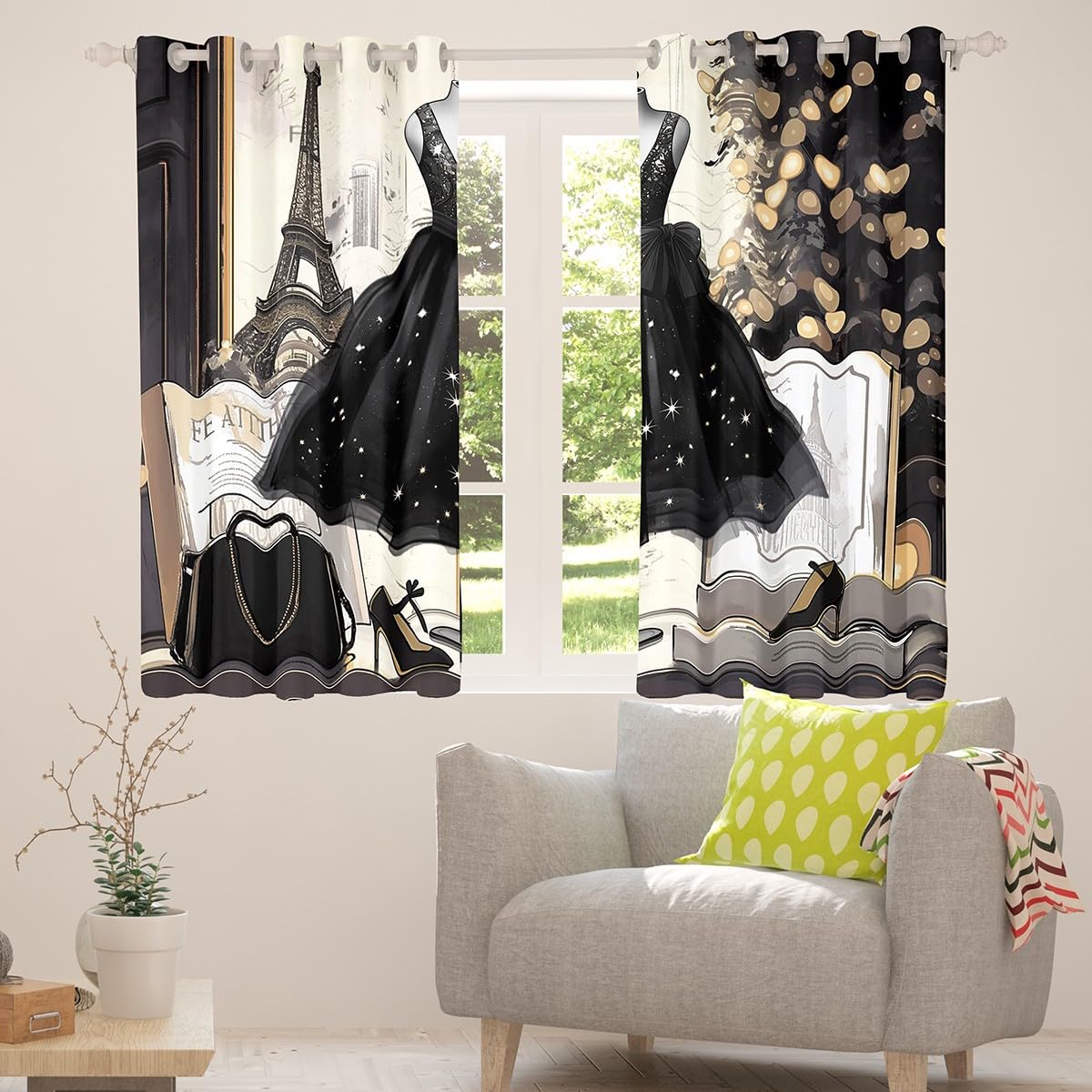 Black Dress Blackout Curtains Modern Fashion Curtains Eiffel Tower Paris Themed Bedroom Curtains Fashion Woman Dress Window Curtains Girls Black High Heels Romantic Makeup Decor Curtains,76"Wx45"L
