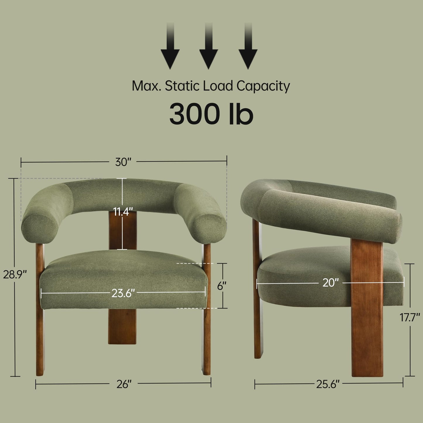 Usaint Upholstered Accent Chair, Mid-Century Modern Arm Chair Living Room Chairs with Walnut Wood Legs, Comfy Barrel Accent Chairs for Living Room, Bedroom, Vanity, Reading Room, Green