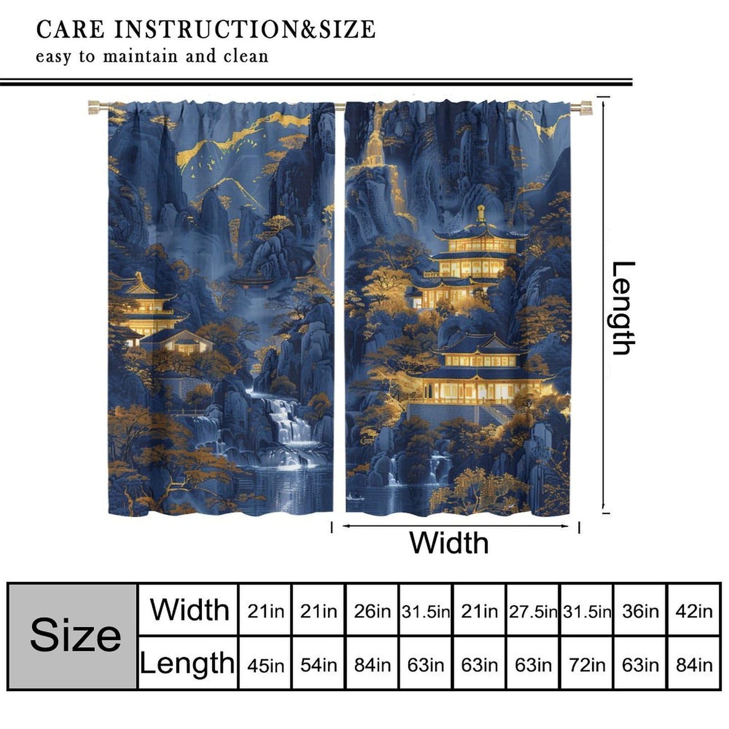 VUMIVI Oriental Landscape Curtains Retro House Gold-Threaded Blue Painting Traditional Chinese Art Rod Pocket Window Treatments for Bedroom Kitchen Living Dining Apartment Dorms Cafe 42" W X 44.5" L