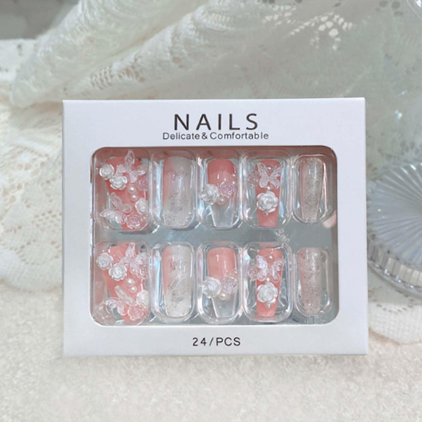Hkanlre 3D Press on Nails Medium Fake Coffin Nails Tips Full Cover Luxury False Nails for Women and Girls 24PCS
