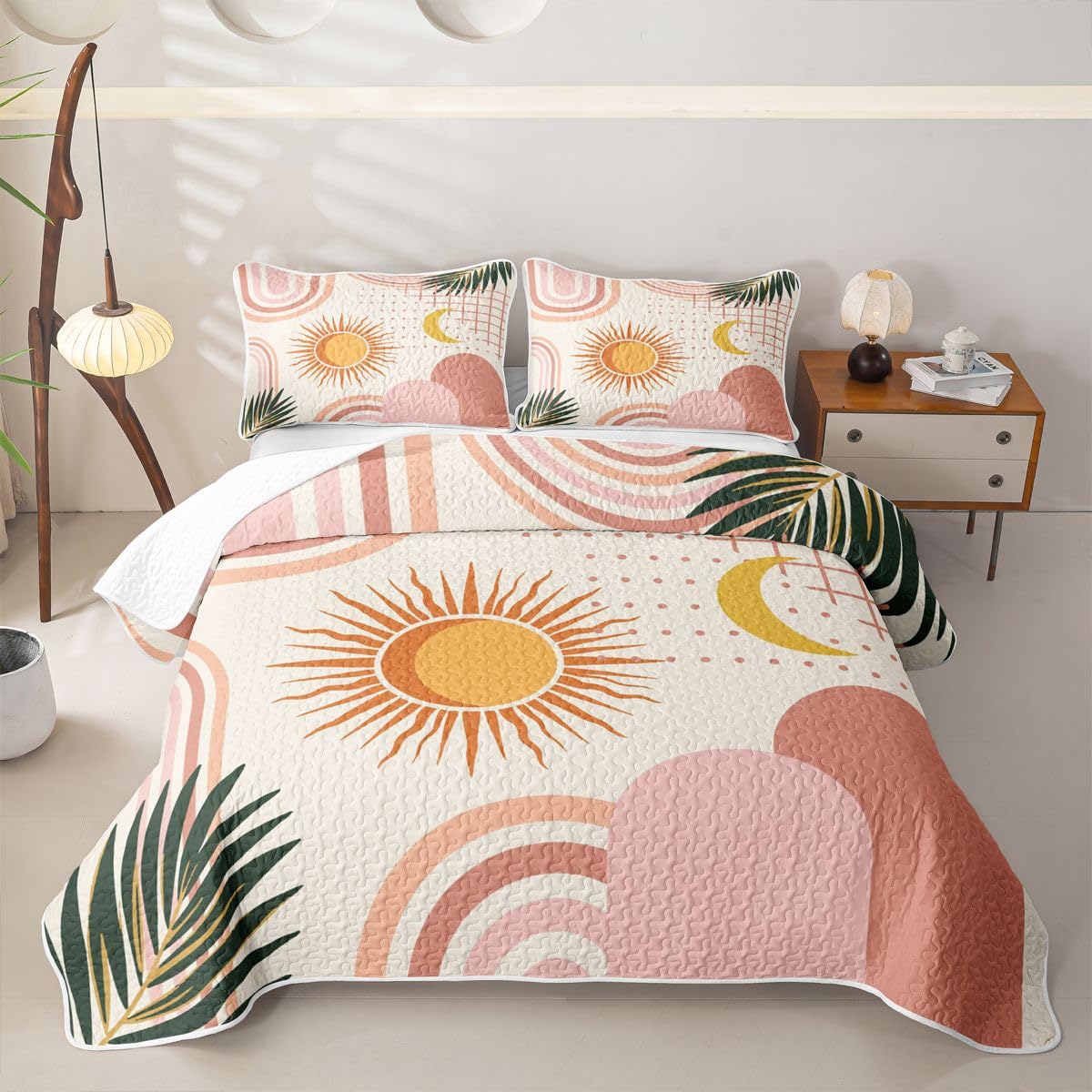 Erosebridal Sun Moon Quilted Bedspreadd Set Twin Boho Mid Century Coverlet Set Bohemian Abstract Geometric Bed Set Blush Pink Bedding Set