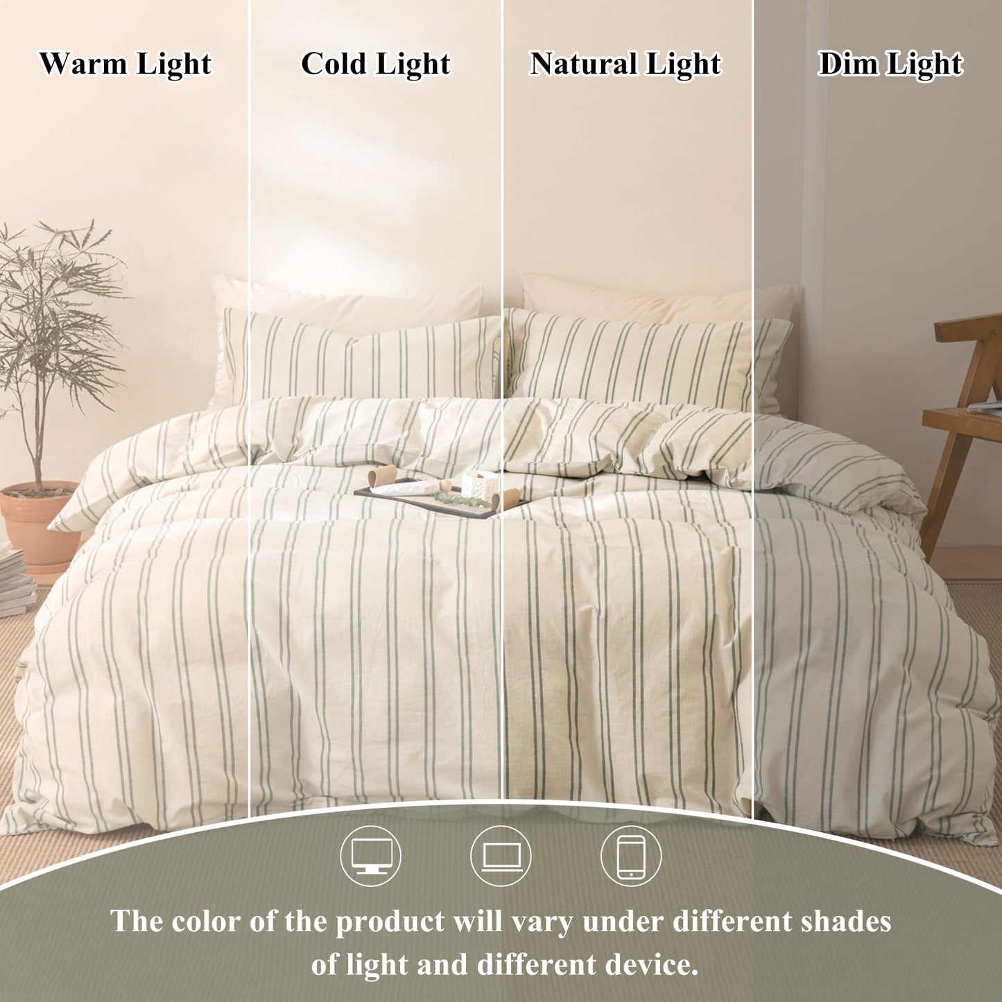VM VOUGEMARKET Striped Duvet Cover Set Queen Beige 100% Washed Cotton Bedding Set,Grey Green Vertical Ticking Stripes Pattern Comforter Cover with Zipper Closure (3pcs, Queen Size)