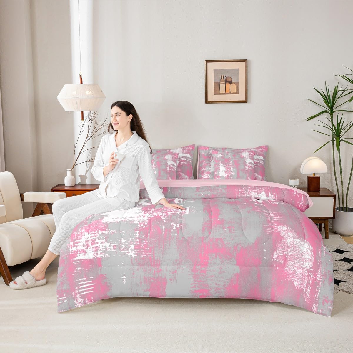 Feelyou Abstract Comforter Set Queen Size 7 Pieces Modern Abstract Art Bedding Set Pink White Bed in a Bag with Comforter, Sheets, Pillowcases, Cushion Covers Luxury Bedroom Decor Geometric