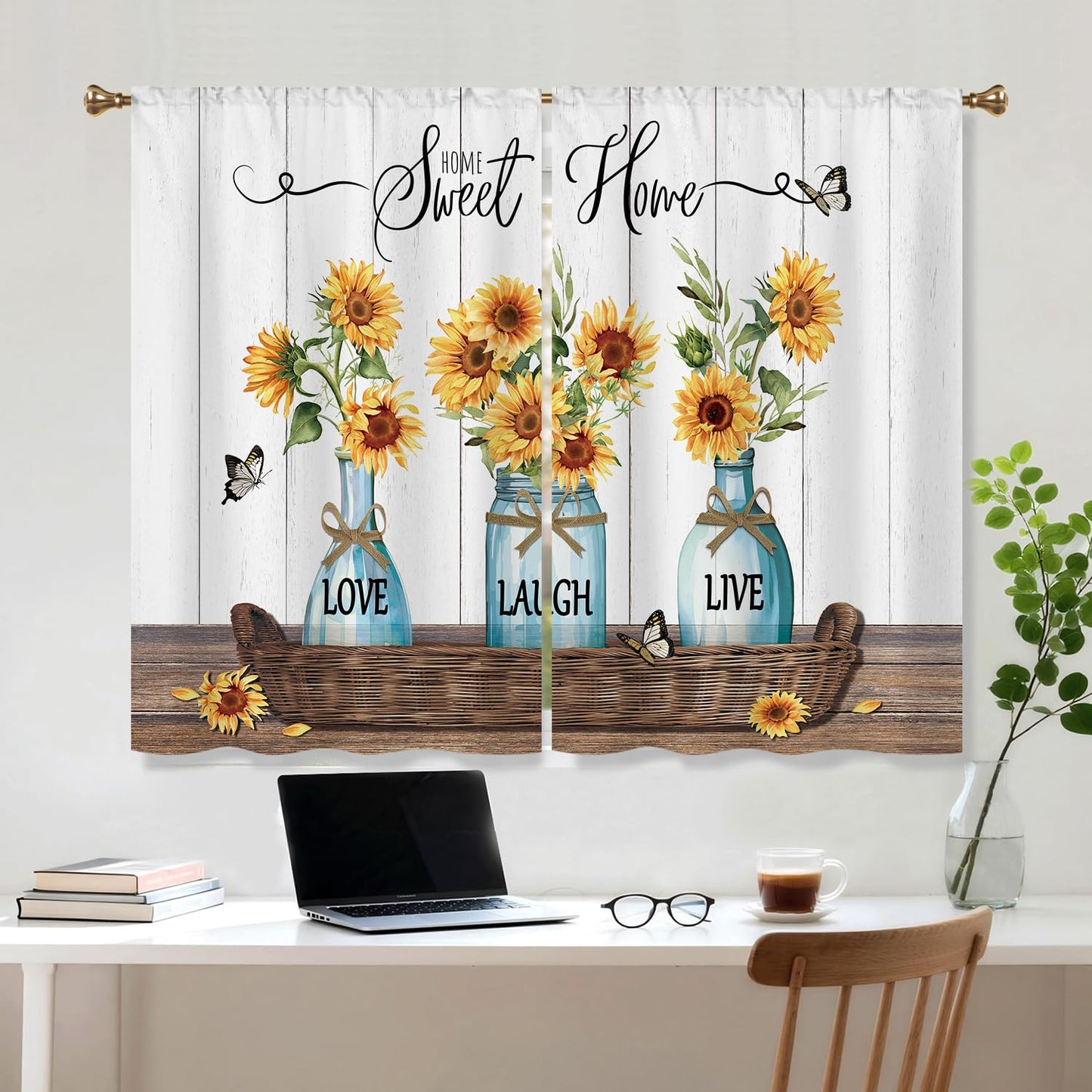 Cizuug Farmhouse Sunflower Kitchen Curtains Rustic Flower Inspirational Small Short Cafe Window Curtains Wooden Country Bathroom Living Room Bedroom Drapes Treatment 2 Panels