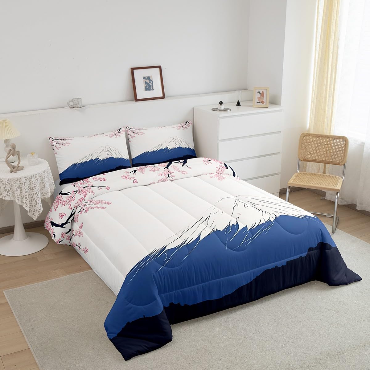 Feelyou Japanese Fuji Mountain Bedding Set for Kids Boys Girls Queen Size Cherry Blossoms Comforter Set Ultra Soft Exotic Comforter Japanese-Style Duvet Quilt Bedroom Decor Stylish Simple Quilt