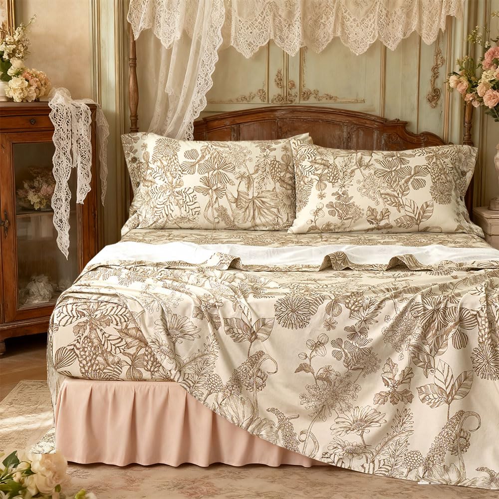 Zusbest Beige Queen Sheet Set 400TC 100% Cotton Flannel-Like Warm Luxury Brown Toile Floral Bed Sheets 4Pc Deep Pocket 17.5‘', Botton Pillowcases Double Brushed Extra Soft Breathable, French Country
