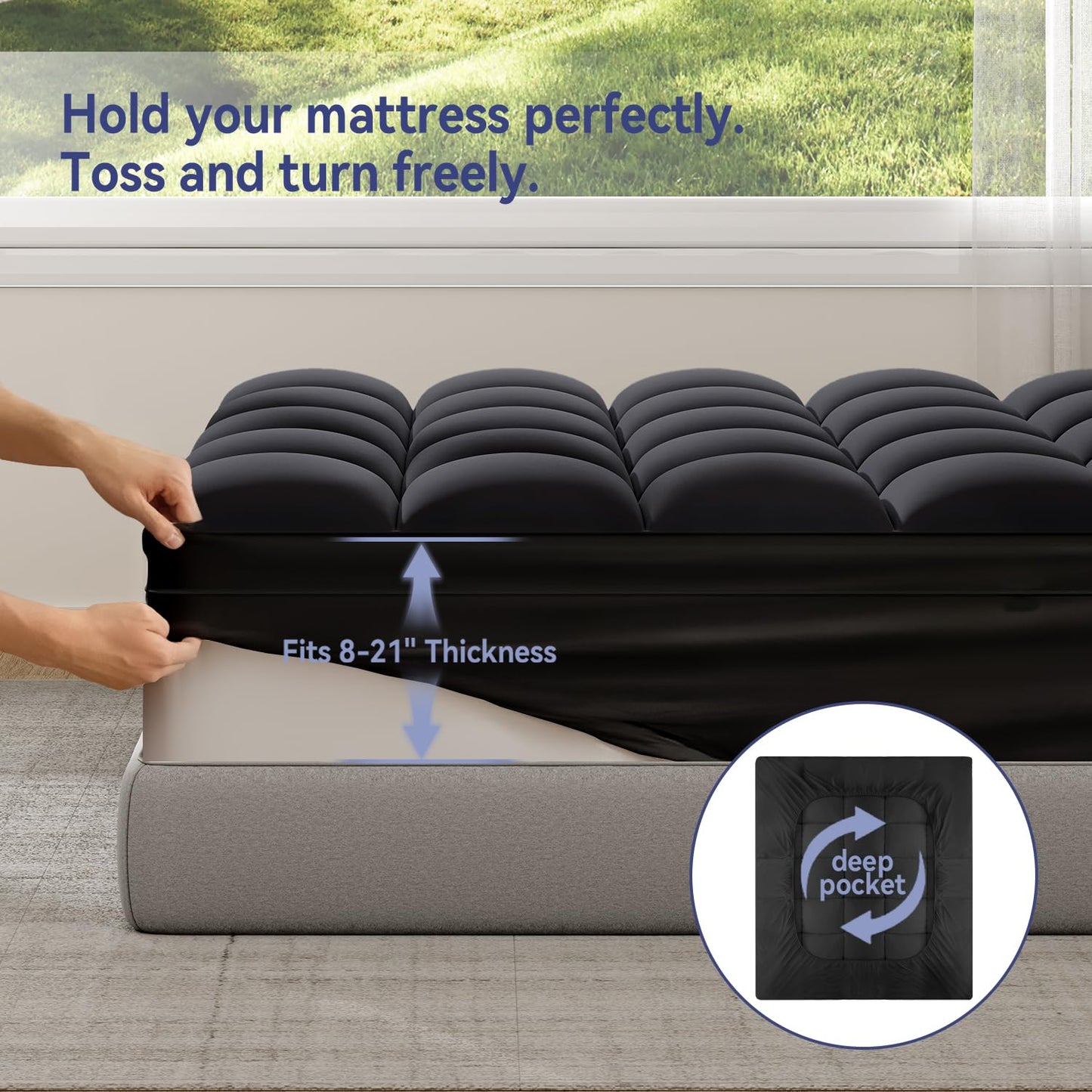 ELEMUSE Queen Black Mattress Topper for Back Pain, Extra Thick Mattress Pad Cover, Plush Soft Pillowtop with Elastic Deep Pocket, Overfilled Down Alternative Filling