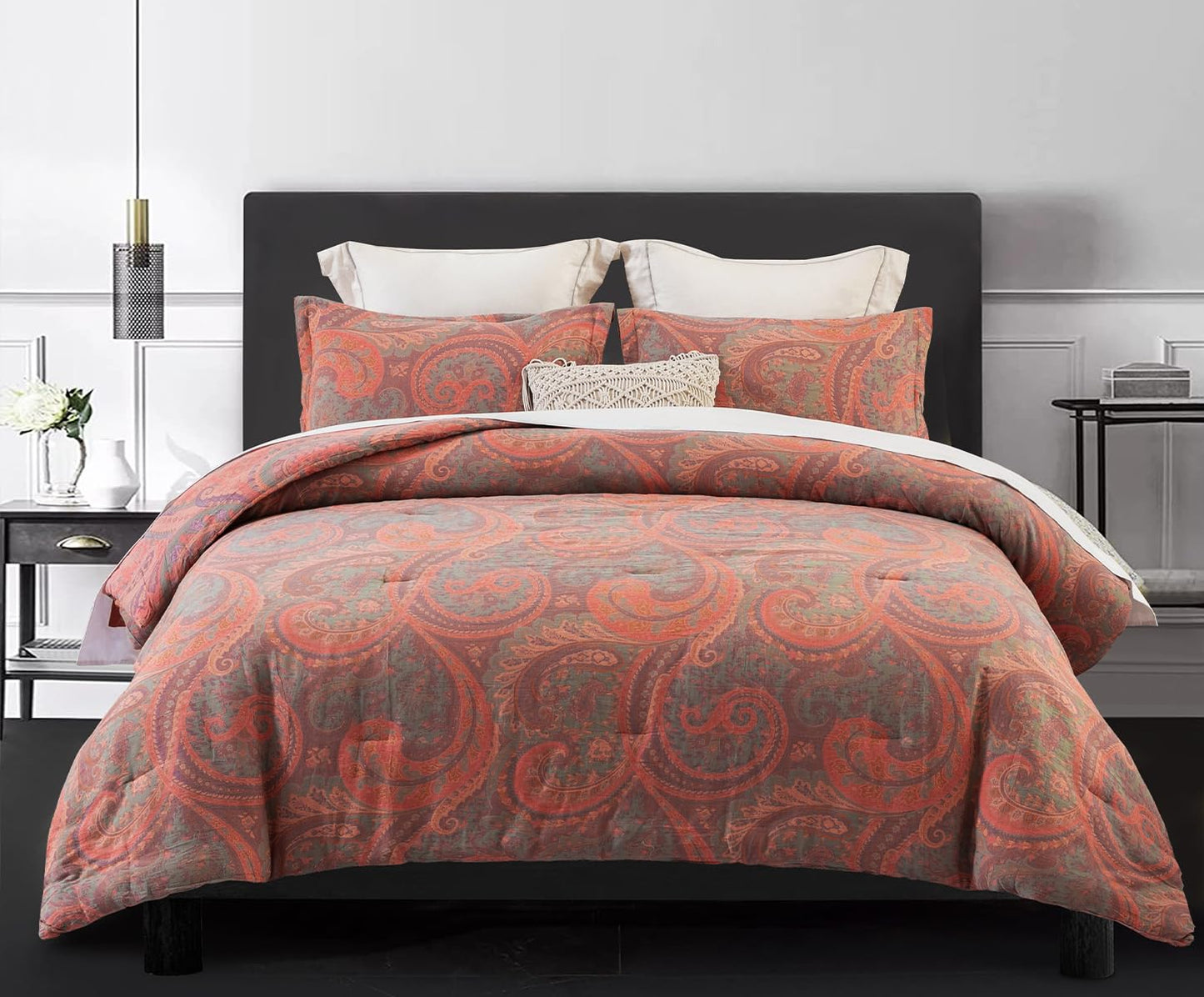 SLEEPBELLA Washed Double Layer Muslin 100% Cotton Comforter Set Queen Size, Paisley Fluffy Thick Checked Bedding Set, Soft Breathable(1 Comforter, 2 Pillow Shams)