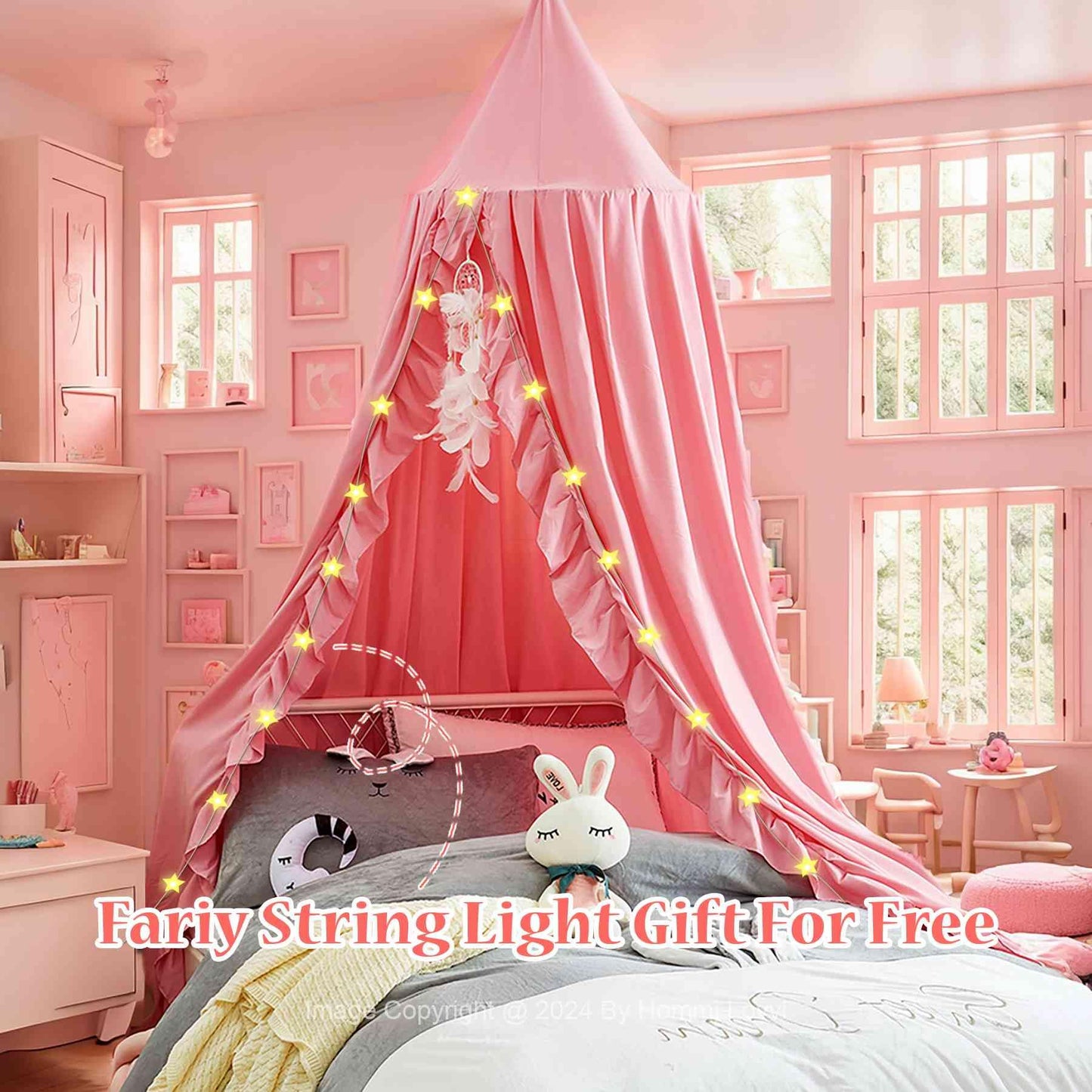 Hommi Lovvi Kids Bed Canopy, Dreamy Frills Canopy for Girls Bedroom Soft Ceiling Hanging Decoration Princess Canopy Net Reading Nook, Extra Large Full Size Bed Canopies with Light - Pink