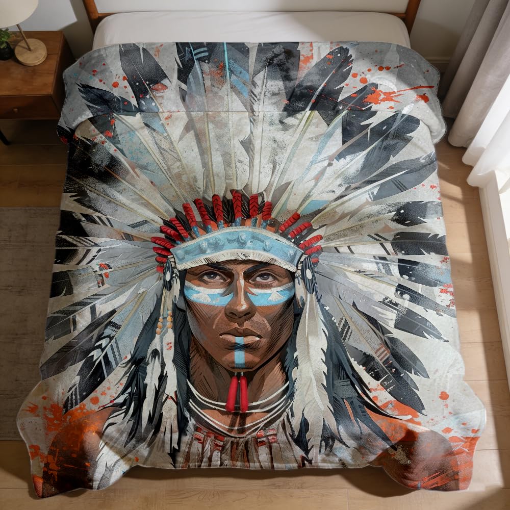 ZHOUSHUTONG Native American Throw Blanket Indian Tribal Chief Print Super Soft Warm Cozy Flannel Blanket for Couch Bedroom Office Southwest Cultural Home Decor Gift 49"x59"