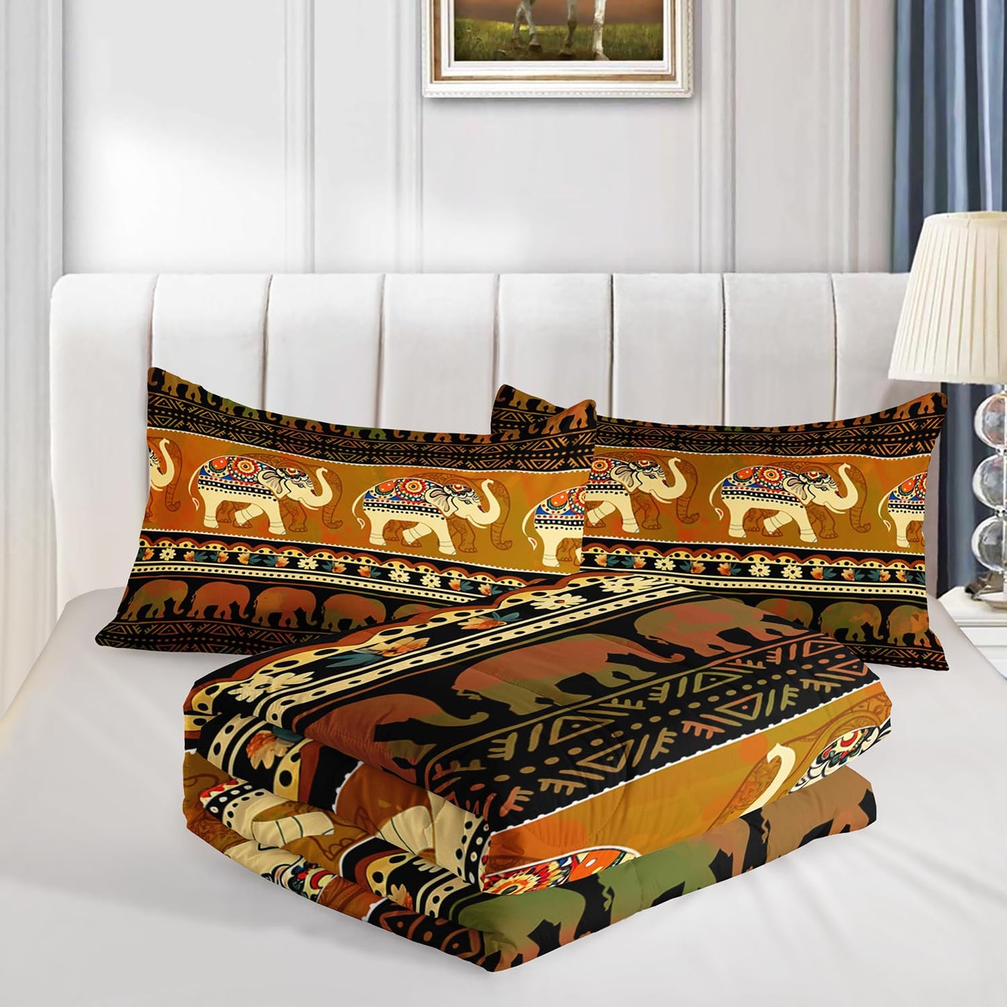 HOSIMA Western Bedding Sets Elephant Queen Comforter Set 3 Pieces,Brown Mandala Bedding for Teens Boys Girls Western Room Decor,Fluffy Lightweight Animal Boho Bedding with 2 Pillowcases.