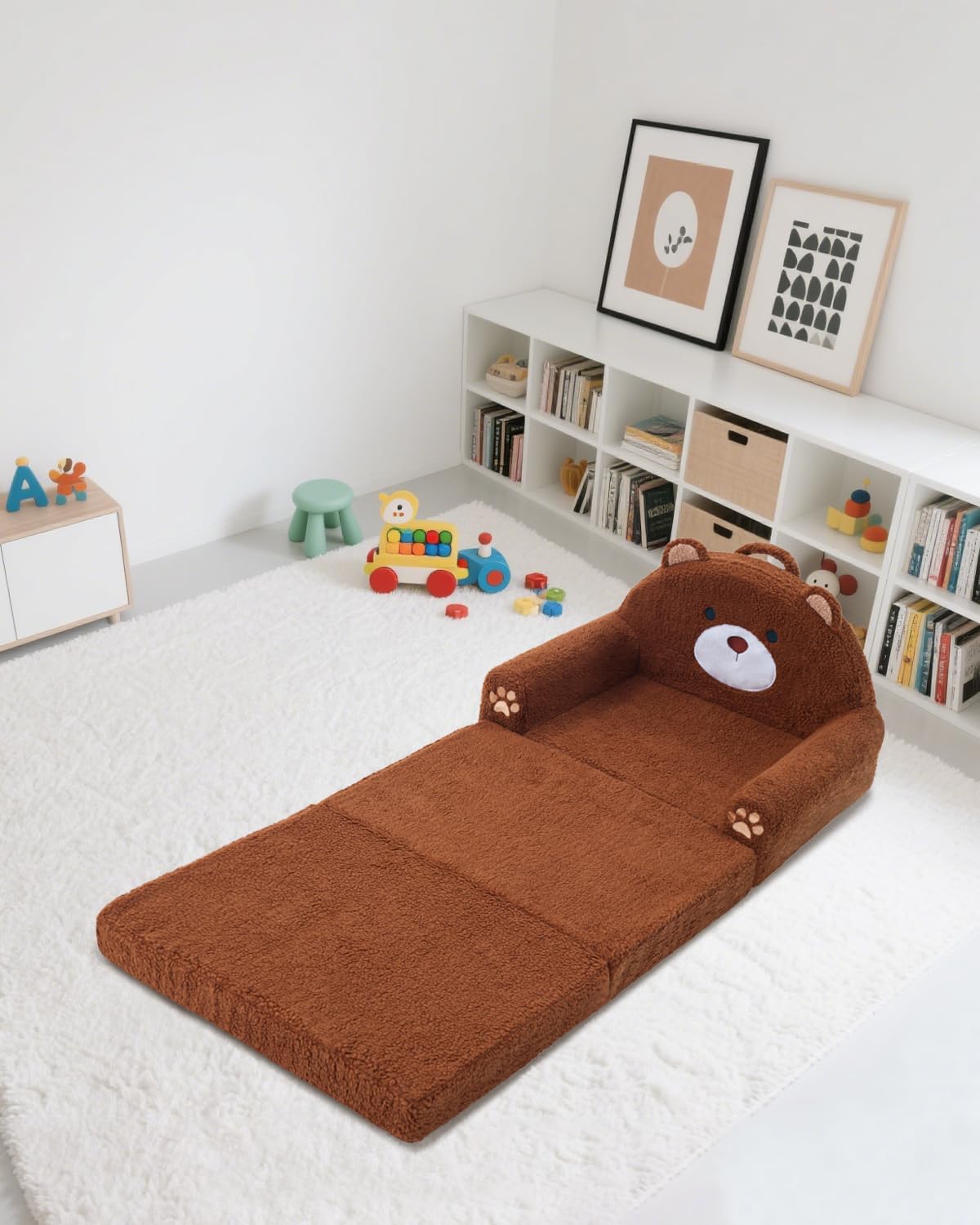 MOONBEEKI 2-in-1 Foldable Toddler Couch, Soft Sherpa Fabric with Washable Cover, Convertible Sofa to Lounger, Kids Sofa for Playroom, Bedroom, Living Room, Birthday Gift, Ages 3-6, Bear, Large