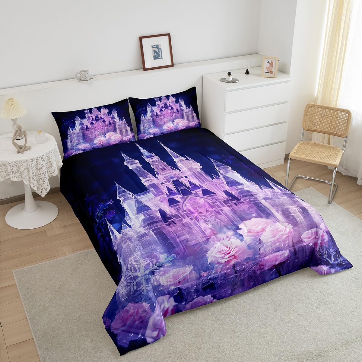 Erosebridal Purple Pink Princess Twin Bedding Set for Girls Kids,Romantic Rose Floral Comforter Set for Women,Magical Castle Toddler Bedding Set Kawaii Room Decor,Snowflake Flowers Quilt Bed Set 2Pcs