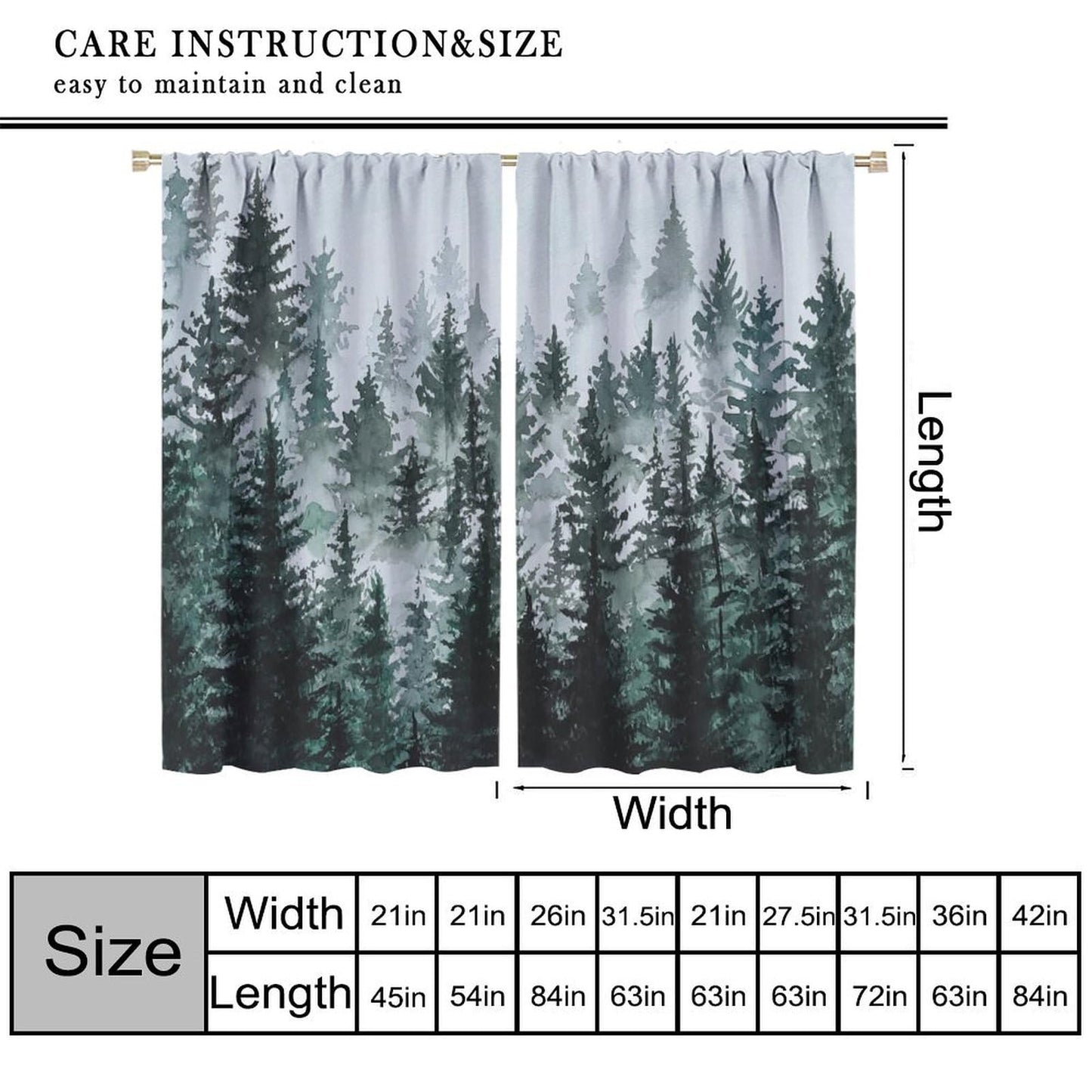 HZOHNAGO Forest Curtains Misty Watercolor Pine Trees Pattern Blackout Print Rod Pocket Window Drapes for Bedroom Living Room 42x45in
