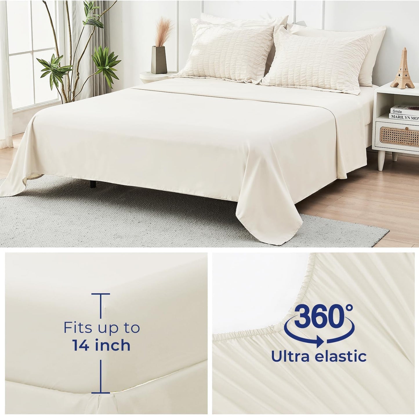 HYMOKEGE Ivory Oversized Queen Comforter Set Seersucker 7 Pieces, All Season Luxury Bed in a Bag for Bedroom, Bedding Set with Comforter, Sheets, Pillowcases & Shams