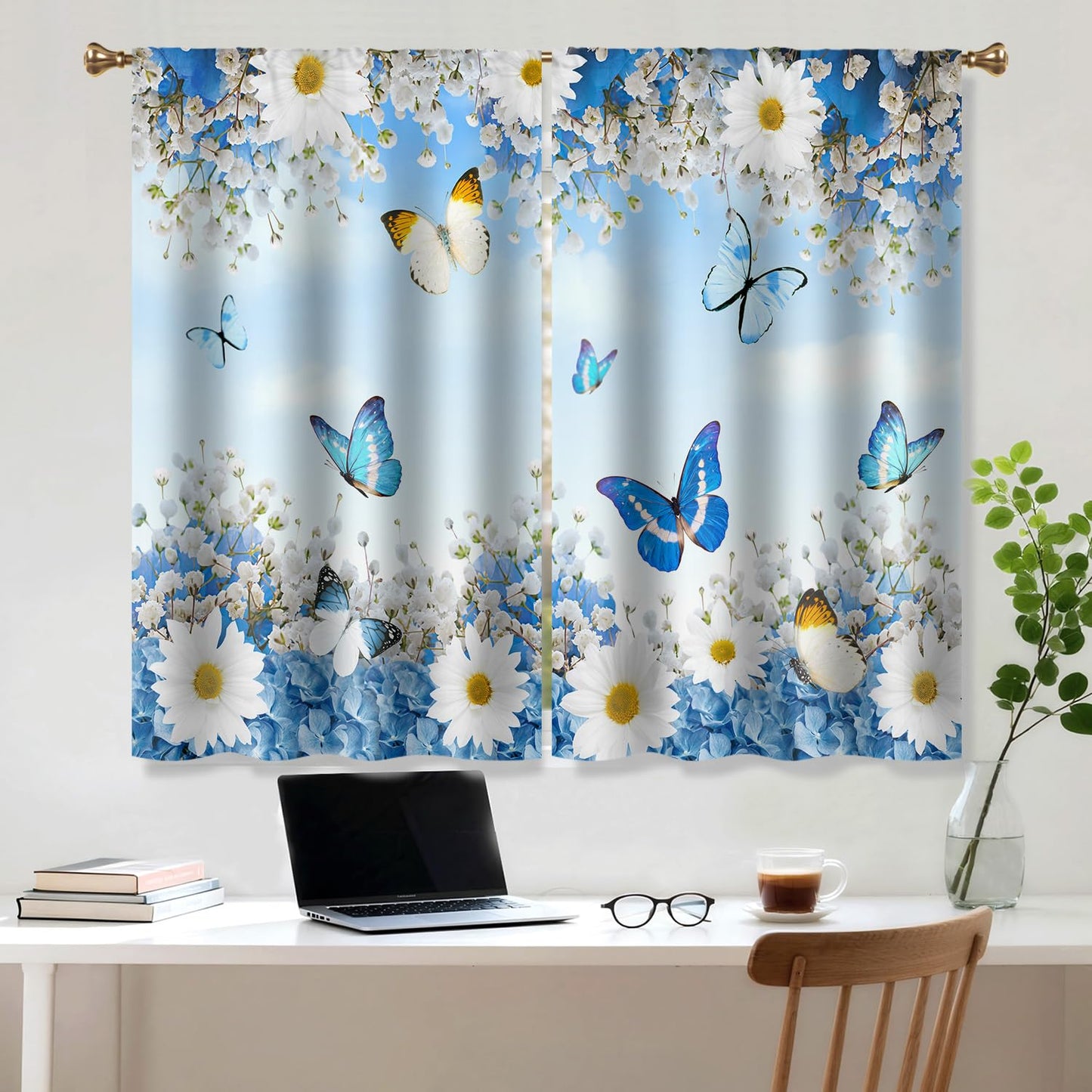 Cizuug Floral Butterfly Curtain for Kitchen & Bathroom Curtains - Daisy Floral Pattern Spring Cafe & Bedroom Short French Door Curtains 2 Panels (27.5x39 Inch)