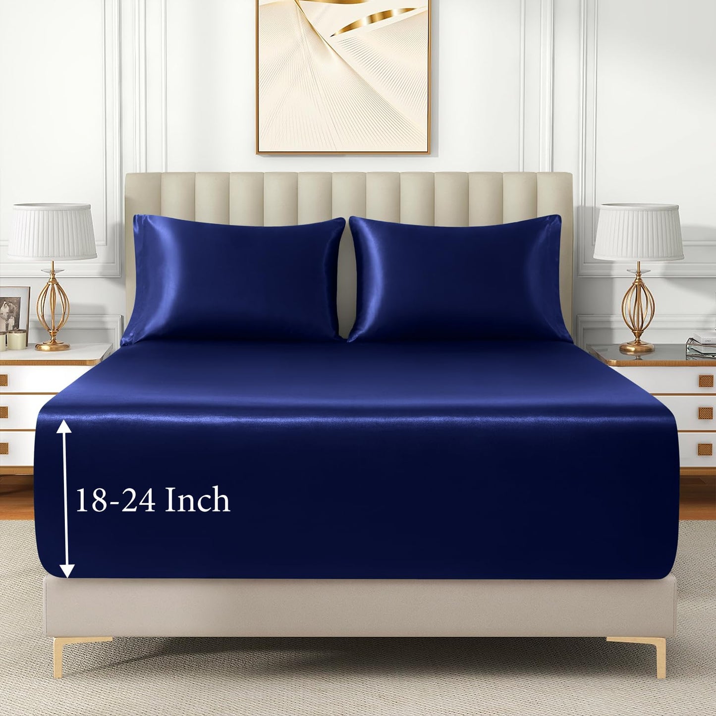 VACVELT 3pcs Extra Deep Pocket Satin Fitted Sheet Set Queen Bed Set, Navy Blue Bottom Sheet Fit 18-24 Inch Deep Pocket Mattress, Silky Bedding Set Soft & Ultra Deep Fitted Sheet + 2 Pillowcase