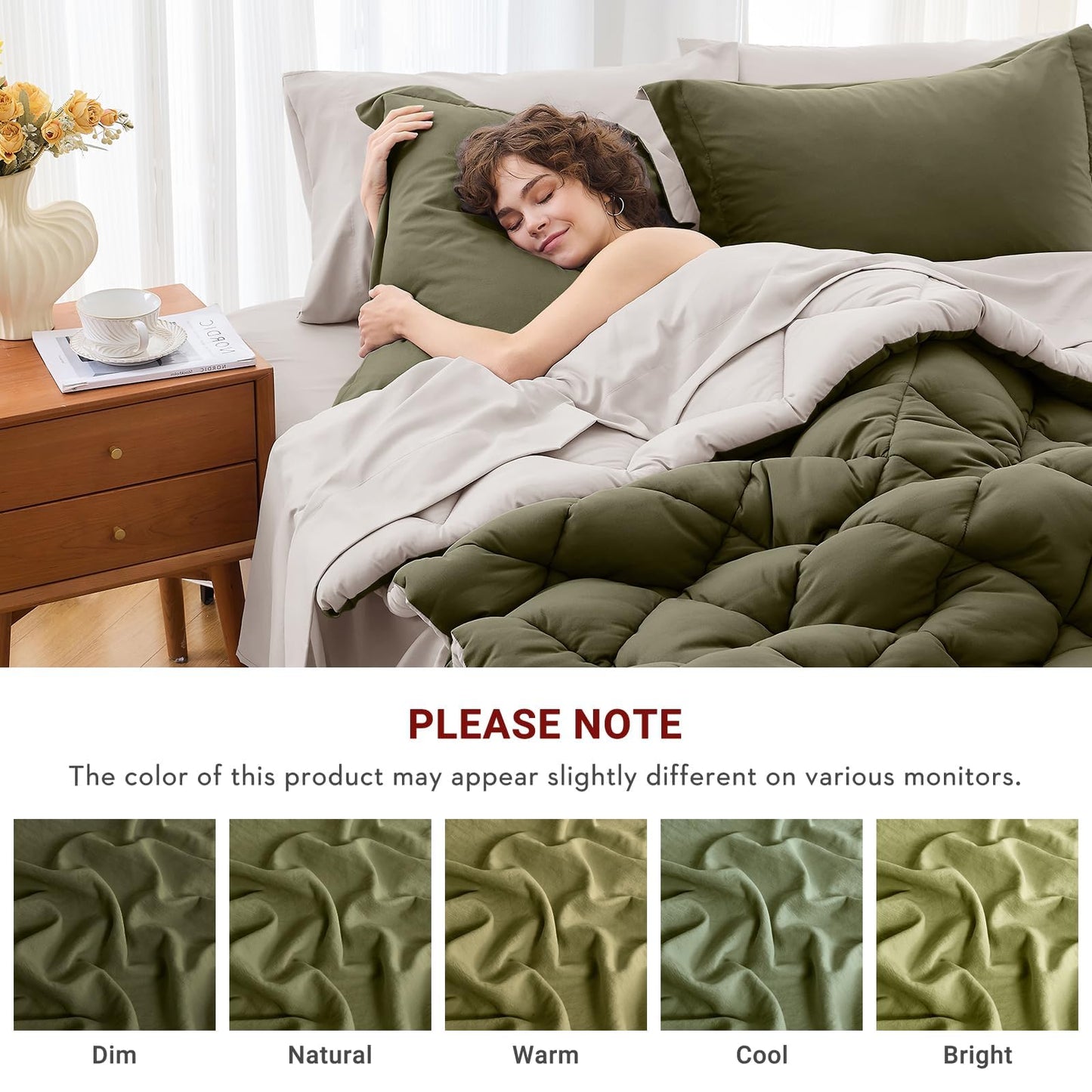 MUXHOMO 7 Pieces California King Comforter Set, Reversible Bed in a Bag Cal King Size, All Season Bedding Set with Comforter, Flat Sheet, Fitted Sheet, Pillowcases & Shams, Olive Green & Beige