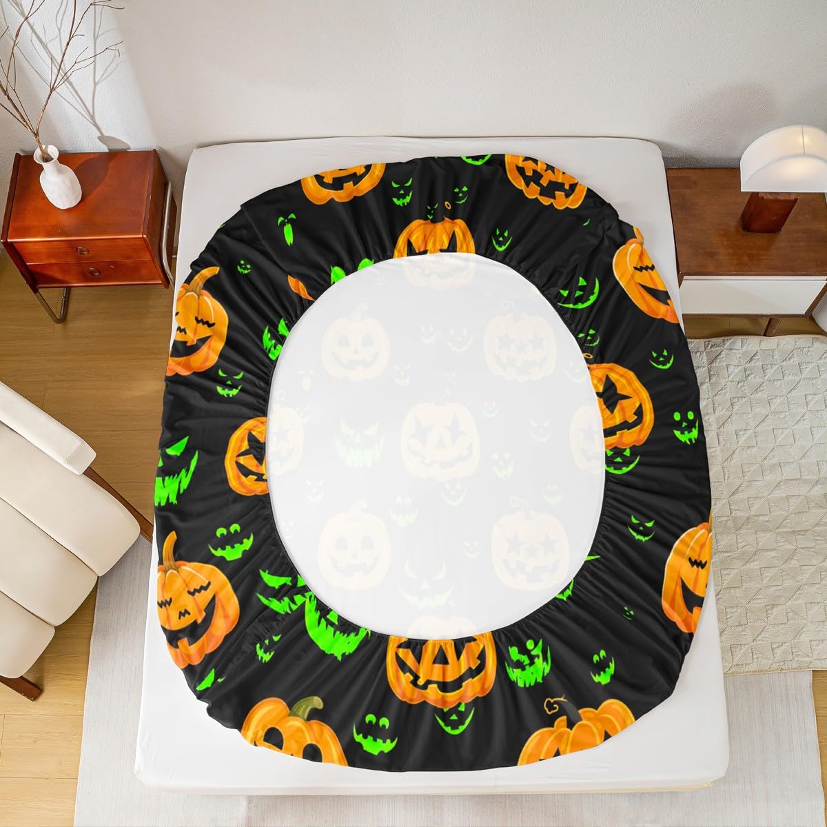 Halloween Bed Sheet Set 3pcs Twin Size, Yellow Pumpkin Lantern and Green Gothic Face Print Fitted Sheet + 1 Flat Sheet + 1 Pillowcase, Holiday Theme Bedding Set for Kids Boys Girls Bedroom