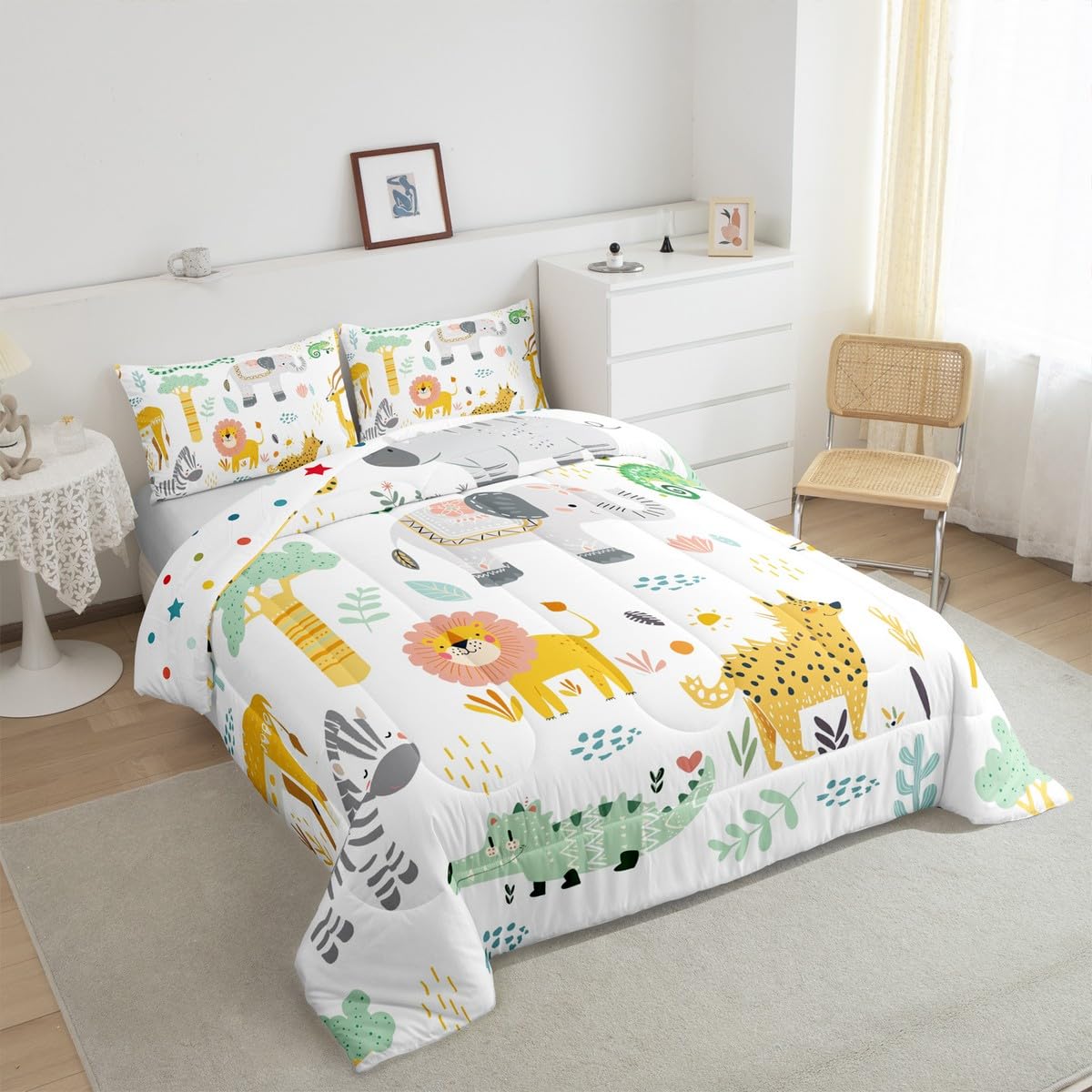 Feelyou Cartoon Animals Bedding Set Zoo Animal Comforter Set Wildlife Comforter for Women Men Room Decor Cute Lion Zebra Elephant Duvet Set King Size with 2 Pillow Case