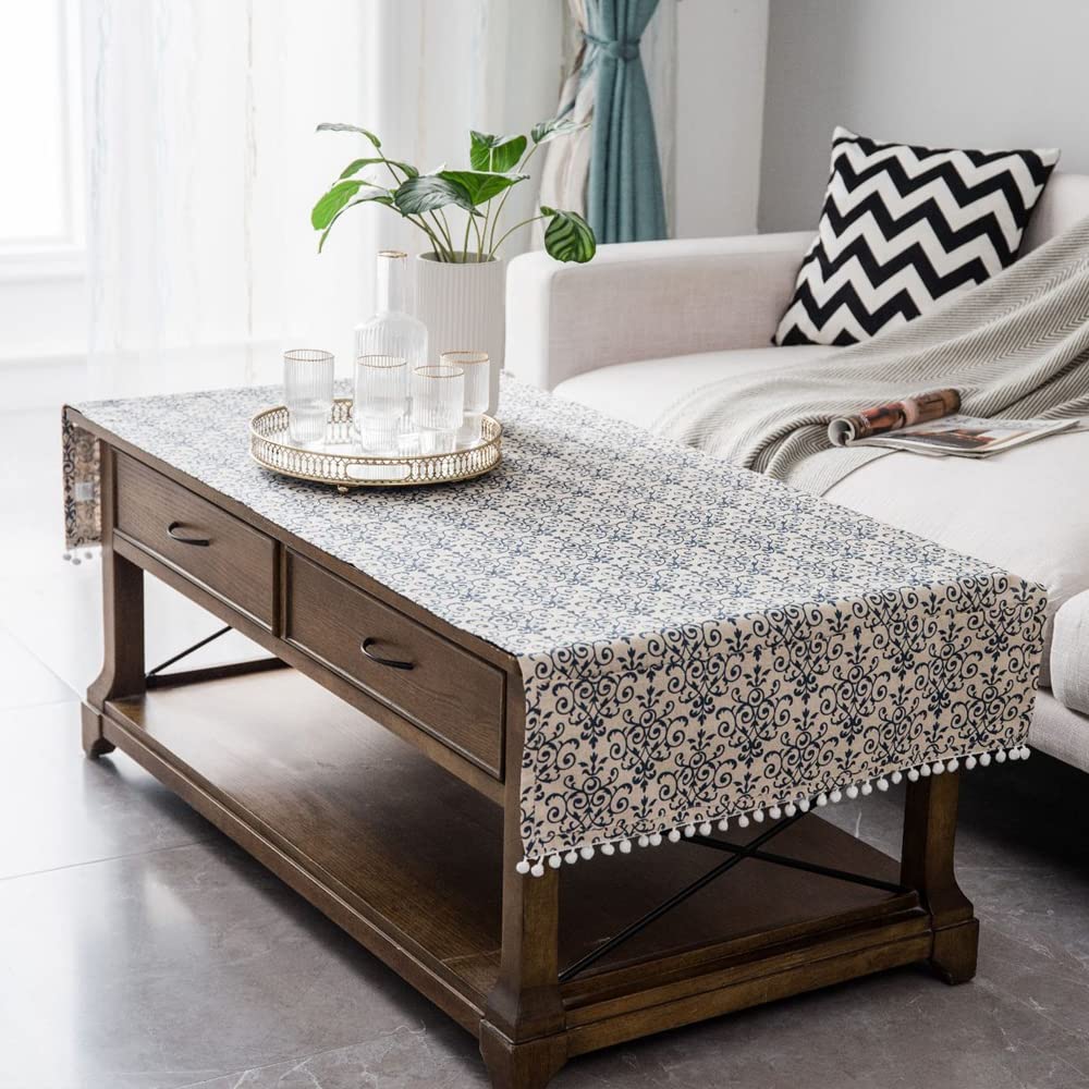 COMFEELING Coffee Table Cloth Rustic Style Living Room Center End Table Cover with Pocket, Cotton Linen Tablecloth (Blue Flower,23.6×63 Inch)