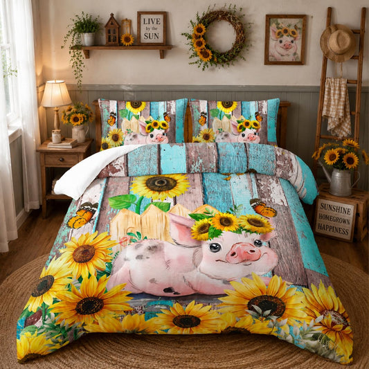 Nttopship Sunflower Pig Comforter Set Twin Size for Adults 3Pcs,Cute Pig Bedding Soft Warm Comforer for All Season Room Decor with 1 Comforter and 2 Pillow Case